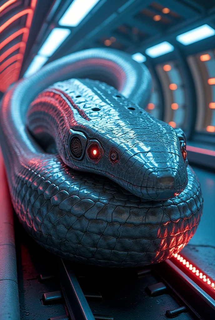 Design an epic artwork featuring a yamer style Mechanical Robotic Fer-de-Lance infiltrating a High-Tech Facility, solo, distinctive scales, focus snake head, snake slithering through dark ventilation shafts, past security cameras and laser grids, with its metallic body glistening under Cinematic Lighting, emphasize the advanced technology of both the robotic snake and the facility, snake is infiltrating to create an immersive experience for viewers, artificial intelligence themes, style of Philippe Druillet Android Jones, sharp focus, <lora:JuggerCineXL2:0.8> Movie Still, Film Still, Cinematic, Cinematic Shot, Cinematic Lighting <lora:xl_yamer_style-2.0:0.5> <lora:xl_yamer_style-2.0:0.7>