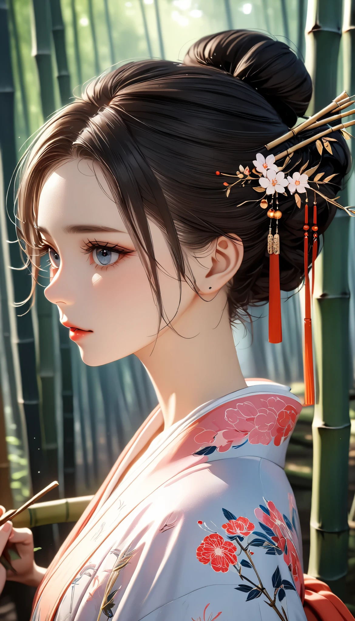 ((best quality)), ((masterpiece)), (detailed), perfect face, ((Best quality, 8k, Masterpiece: 1.3)), Sharp focus, Highly detailed face and skin texture, Detailed eyes, hanfu, Bamboo forest, walk, hairpin, black hair, bun hairstyle