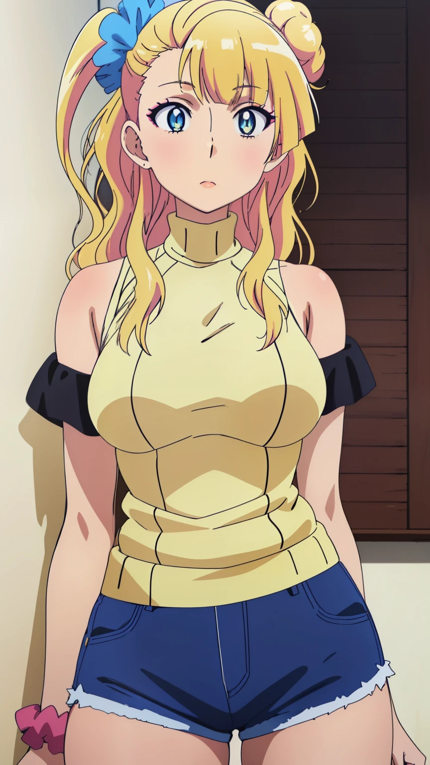 (masterpiece, best quality, high resolution, 8k:1.2), (anime coloring:1.2), very detailed, beautiful eyes, perfect eyes, detailed eyes, feature large highlight, perfect face, detailed face, ultra-detailed, detailed eyes, symmetrical eyes, (mature face:1.0), perfect body, 1girl, solo, galko, lomg hair, (medium breasts), bun, side tail, scrunchie, blue eyes, blonde hair, (nffsw), ((knit, high neck, (sleeveless), off shoulder, side boob, arm, shorts)),  looking at the viewer, in the center of the image, (beautiful_chest:1.1), (beautiful_face:1.1), (beautiful_ waist:1.1), (cowboy shot:1.2), dutch angle,