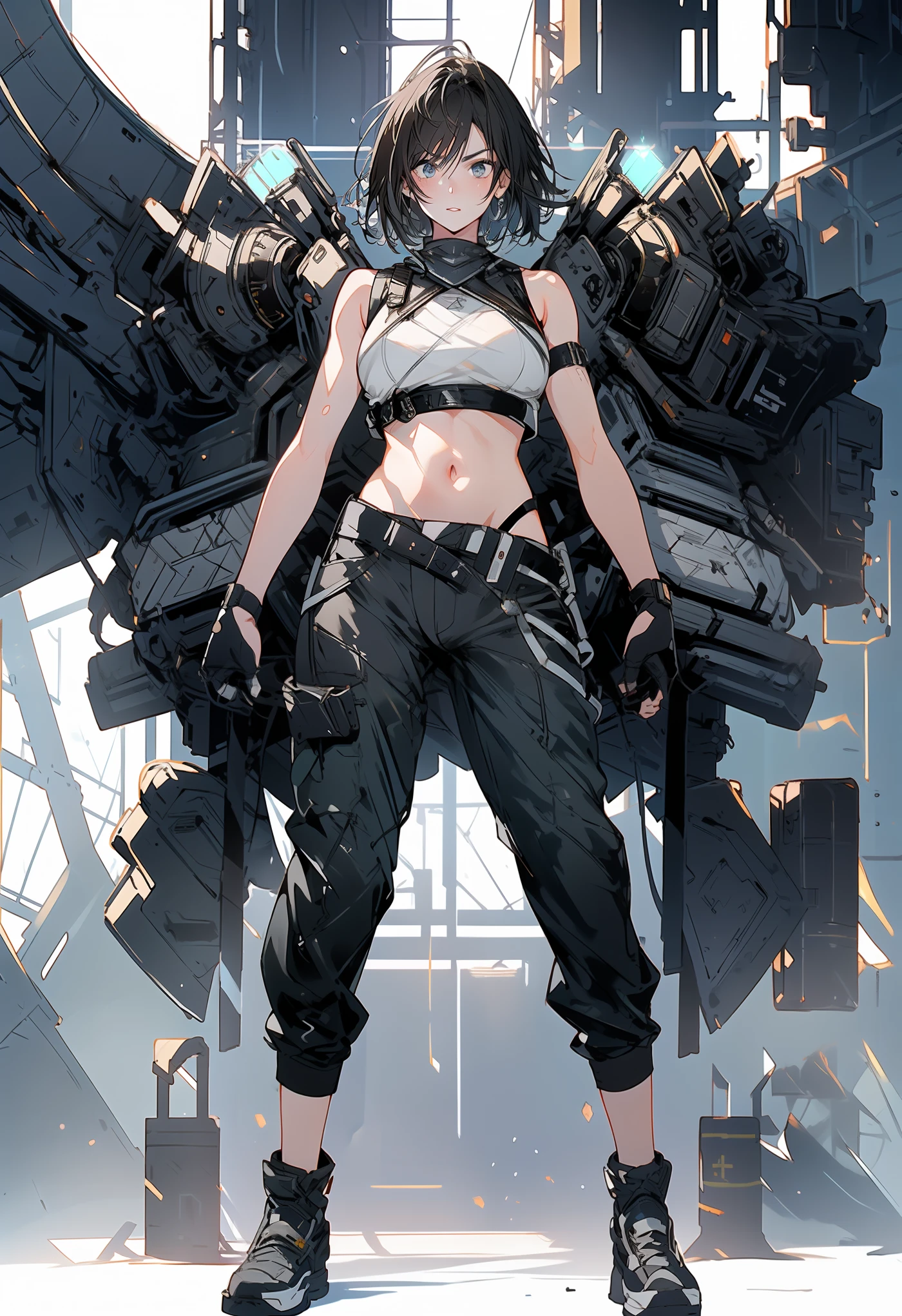 highest quality, Ruins of the future,  break, Oversized black shell jacket, (super-crop-body-suit), adventure , Thick legs, (bike-shorts), full body, A little bit of the black lace bra is visible, boots, Costumes crafted down to the last detail
