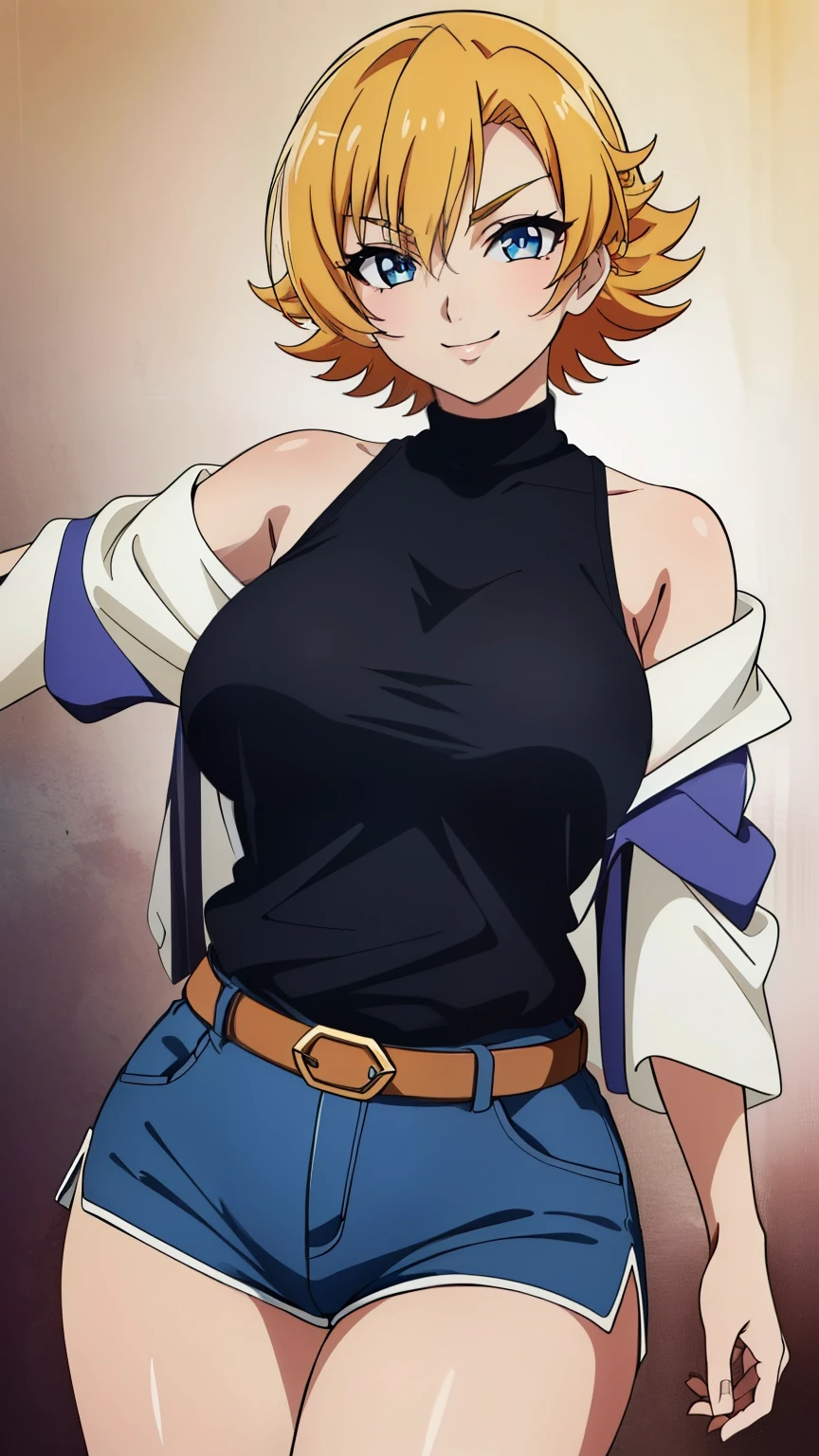 (Top quality, masterpiece, 8k:1.2), (anime coloring:1.4), very detailed, perfect hair style, beautiful eyes, perfect eyes, detailed eyes, perfect eyebrows, perfect face, detailed face, perfect hairstyle, ultra-detailed, detailed eyes, symmetrical eyes, (dynamic angle), sharp detailed,1girl, solo, igawa sakura, (mature face:1.0), (glamour:1.2), (medium breast:1.2), thick thighs, wide hips, (dark blue eyes: 1.2), (smile:1.3), (nffsw), ((knit, high neck, (sleeveless), off shoulder, side boob, arm, shorts)), (cowboy shot:1.4), looking at the viewer, in the center of the image, sexy poses, dynamic angles,