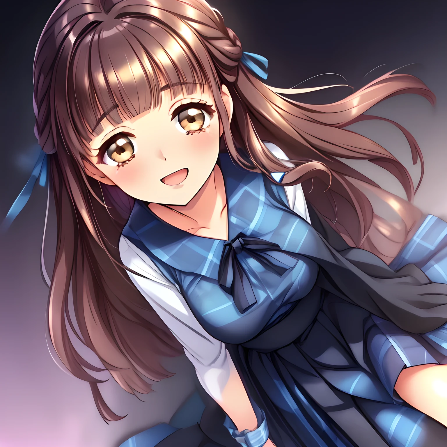 (highest quality, masterpiece:1.2), highest quality, High resolution, 1080p, 8K, (A 18yo beautiful pretty fashion model is seated on a char nobly and turning to me, charming laughter, most beloved girl in the school, (intelligent and perfectly balanced slender style), too flirting girly smile, amazingly neat & clean, in peace and neat lovely strong charm, (face up, looking down), tilted head: 1.8), (Too noble beautiful lady like a love-story comic heroine), (laugh in bliss), (Whispering the viewer's subliminal desire secretly to hypnotize the viewer), A very lovely, very noble, pretty and pure beautiful girls. ((Bursting out Laughing very elegantly)), ((white grown face)), Using expensive whitening cosmetics by cosmetics artist: 1.2), A white face that everyone loves, Glossy lips, (curled) bangs, (Too beautiful blue fascinating shiny (double-lidded) (brown eyes) with love to the viewer, ((deep upper girly eyelid)), laughing with detailed clearly: 1.5), ((amazingly beautiful straight (slightly wavy) long black light hair: 1.5)), (Sailor-style school uniform, Neat smart (yellow blouse)): 1.5), (A very neat, (tartan-checkered pleated blue skirt with thin fabric belt): 1.2), (too pretty shiny light-yellow realistic school ribbon): 1.5), (Shiny game heroine lips, extremely laughing open mouth: 1.0), (Ribbon in (black hair), long thin braids, The ribbon is big and very pretty), (Tight waist, slender like a beautiful fashion model: 1.5), (The background is (plain black space with lovely heart stars) to emphasize her fascination: 1.8), (The lady knows well about the viewer's super fetishism for school uniforms, and satisfies it completely: 1.7), (beautiful neat fascinating cute noble atmosphere in a high school only for beautiful ladies to learn how to be charming: 1.8), (take a full body shot from her side: 1.2)