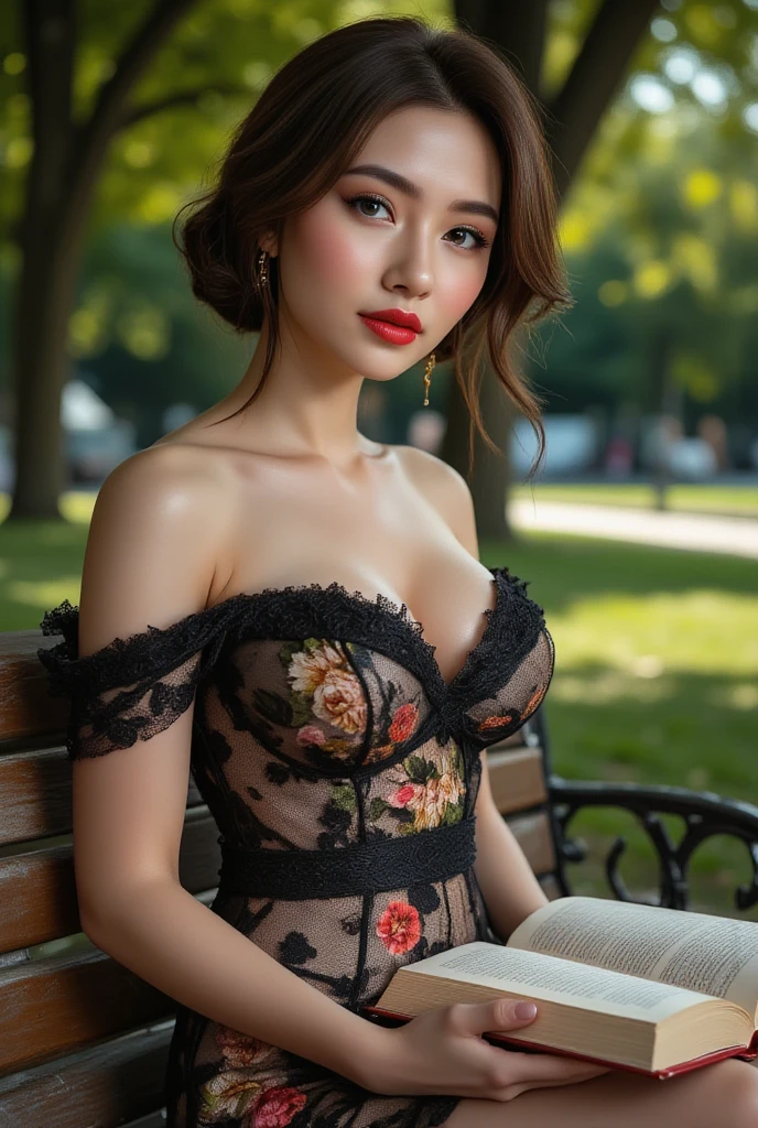A masterpiece of hyper realistic photography of a beautiful woman, 25 years old, sitting at the park, holding a rose flower, wearing black kebaya longdress with batik sarong, hugeboobs, slim fit body,
