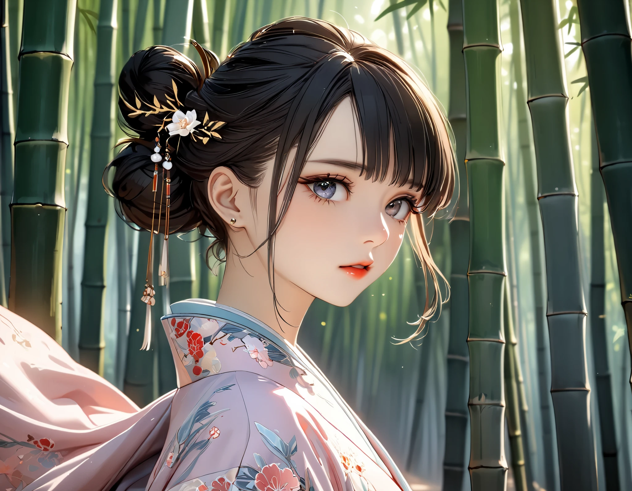 ((best quality)), ((masterpiece)), (detailed), perfect face, ((Best quality, 8k, Masterpiece: 1.3)), Sharp focus, Highly detailed face and skin texture, Detailed eyes, hanfu, Bamboo forest, walk, hairpin, black hair, bun hairstyle