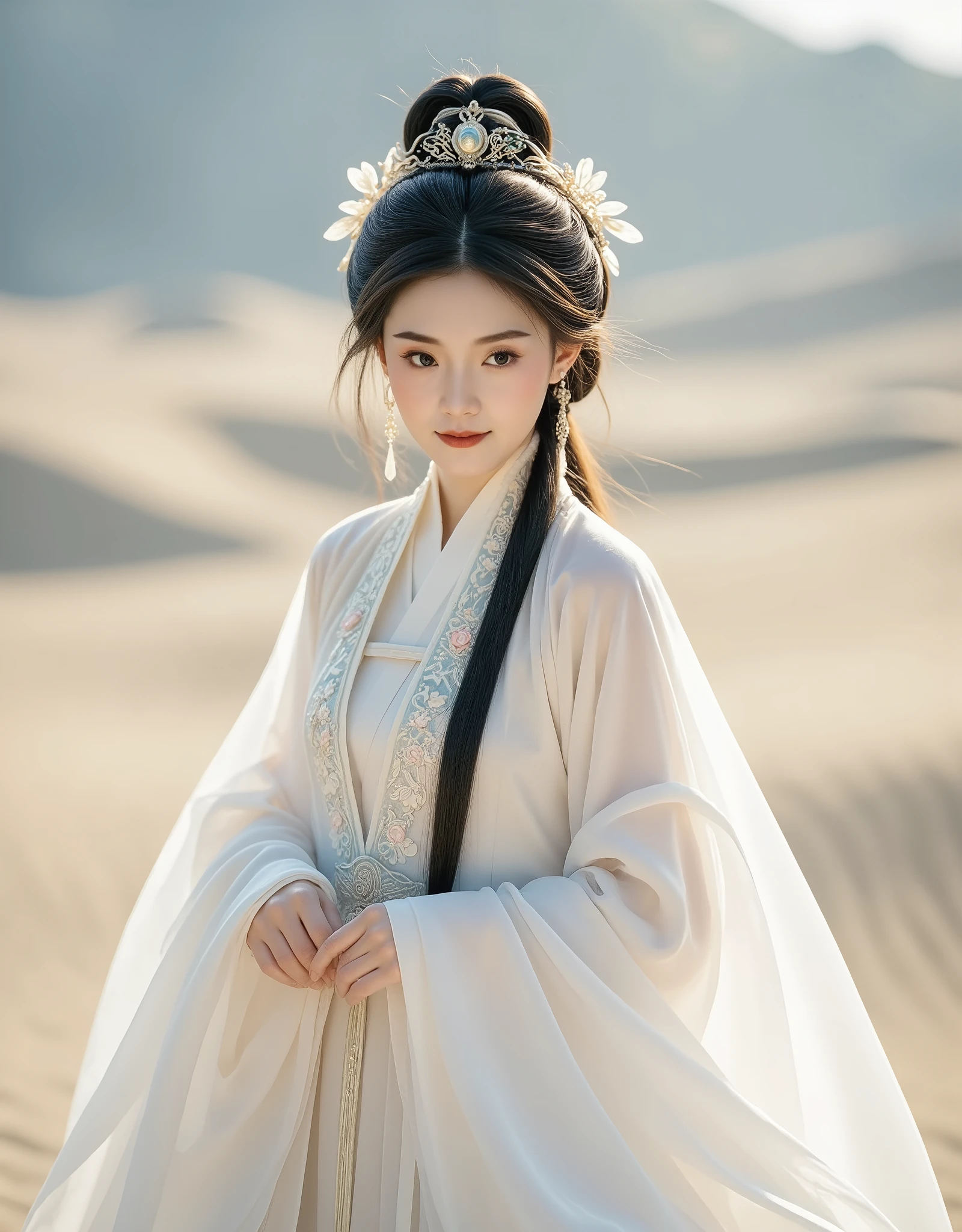 The girl's hair is tied behind in a braid., with (( with a Chinese queen's high hair bow, with a chandelier, flower )) in an entire white antique hanfu dress. , light green long skirt with long fabric, fluttering ((, the back is a desert where )) the full body is smiling