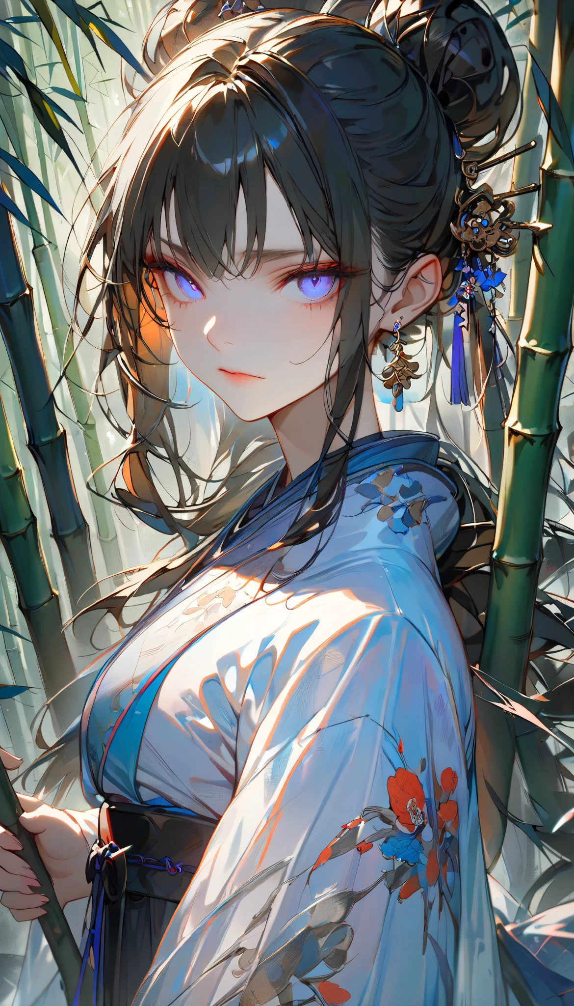 ((best quality)), ((masterpiece)), (detailed), perfect face, ((Best quality, 8k, Masterpiece: 1.3)), Sharp focus, Highly detailed face and skin texture, Detailed eyes, hanfu, Bamboo forest, walk, hairpin, black hair, bun hairstyle