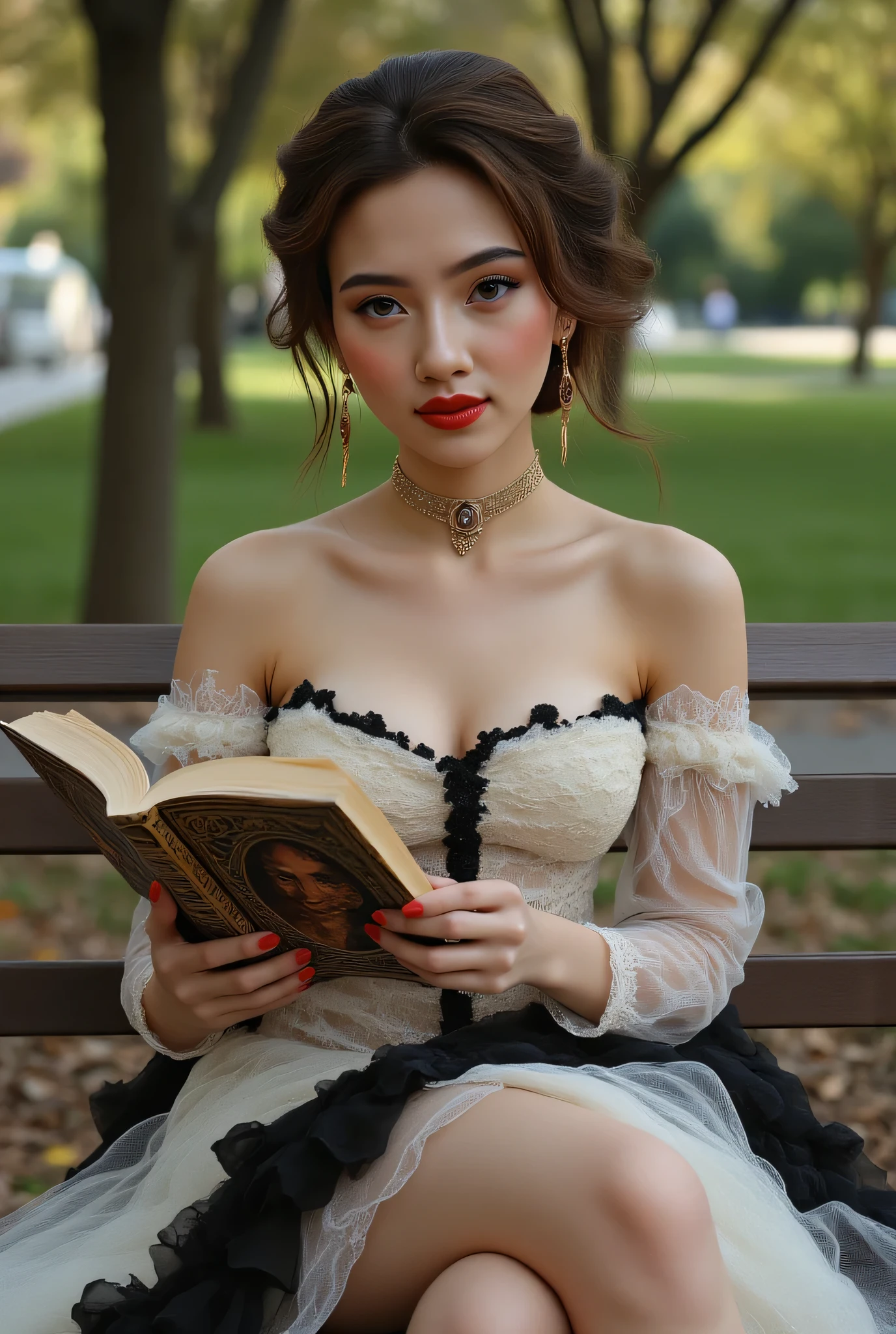 Realistic ((Photorealistic realism)), Hyper high resolution, ((Hyper insanel quality, epice masterciece, intricately detailed digital art)),((focus on extremely Realistic Proportion Body:1.3),"Portrait of {a woman, wearing a dress, sits on a park bench, reading a book}."(ultra realistic texture details: velvety skin, hair), ((sharp focus, no blurry eyes, Hyper absurd quality, Hyper details, Hyper realistic brown_eyes:1.4)),((extra narrow eyebrows)),(Carefully draw Long blue_mascara:1.12),(perfect round eyes), (finely detailed pupils, (extremely fine details pupils)), detailed lips:1.3, (apply glossy red_lipstick:1.23), (perfect proportions:1.2), ((White tight Dress made of lace fishnet:1.22), (Dolce & Gabbana, Floral style:1.23)), (elegant fashion, intricate details:1.2), ((clothes made of silk and flower), (Wearing tight fitting dresses)), ((Ruffled Black Gothic Skirt) (Intricately details multi-layer, lace with fishnets:1.25), (golden lace-up:1.33)), dslr, high quality split lighting, sharp focus captured by Fujifilm XT3, f 5.6,(perfect composition),((look at the viewer)), HDR, UHD, studio lighting, physically-based rendering, vivid colors,