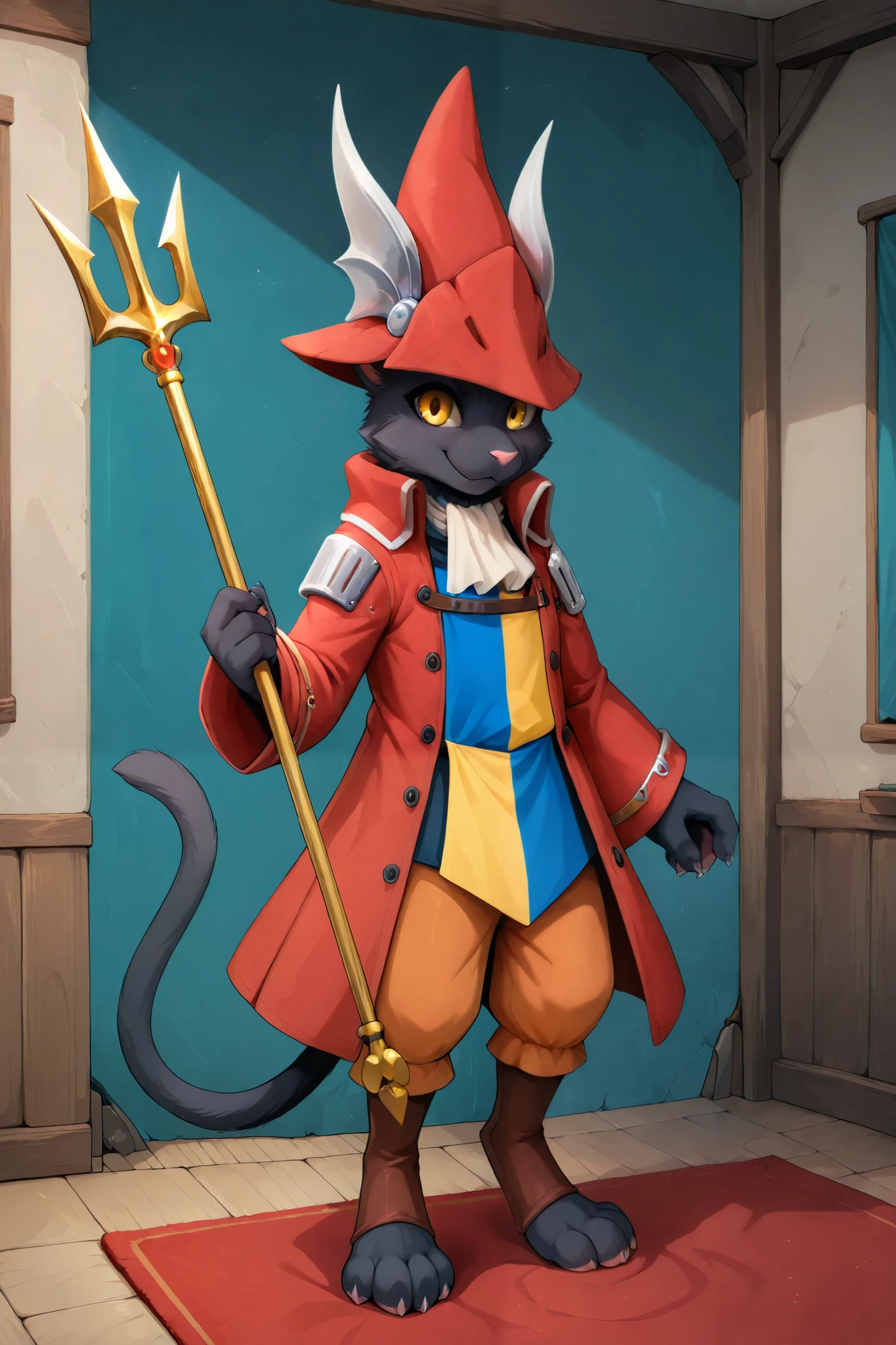 masterpiece, best quality, amazing quality, very aesthetic, high resolution, ultra-detailed, absurdres, newest, darkmirage BREAK 1boy, solo furry male, k3k, domestic cat, black fur, body fur, pink nose, yellow eyes, red dragoon hat, red dragoon coat, ascot, dragoon tabard, orange dragoon pants, brown gaiters, holding spear, gold trident, cosplay, standing, smile, happy, indoors, living room