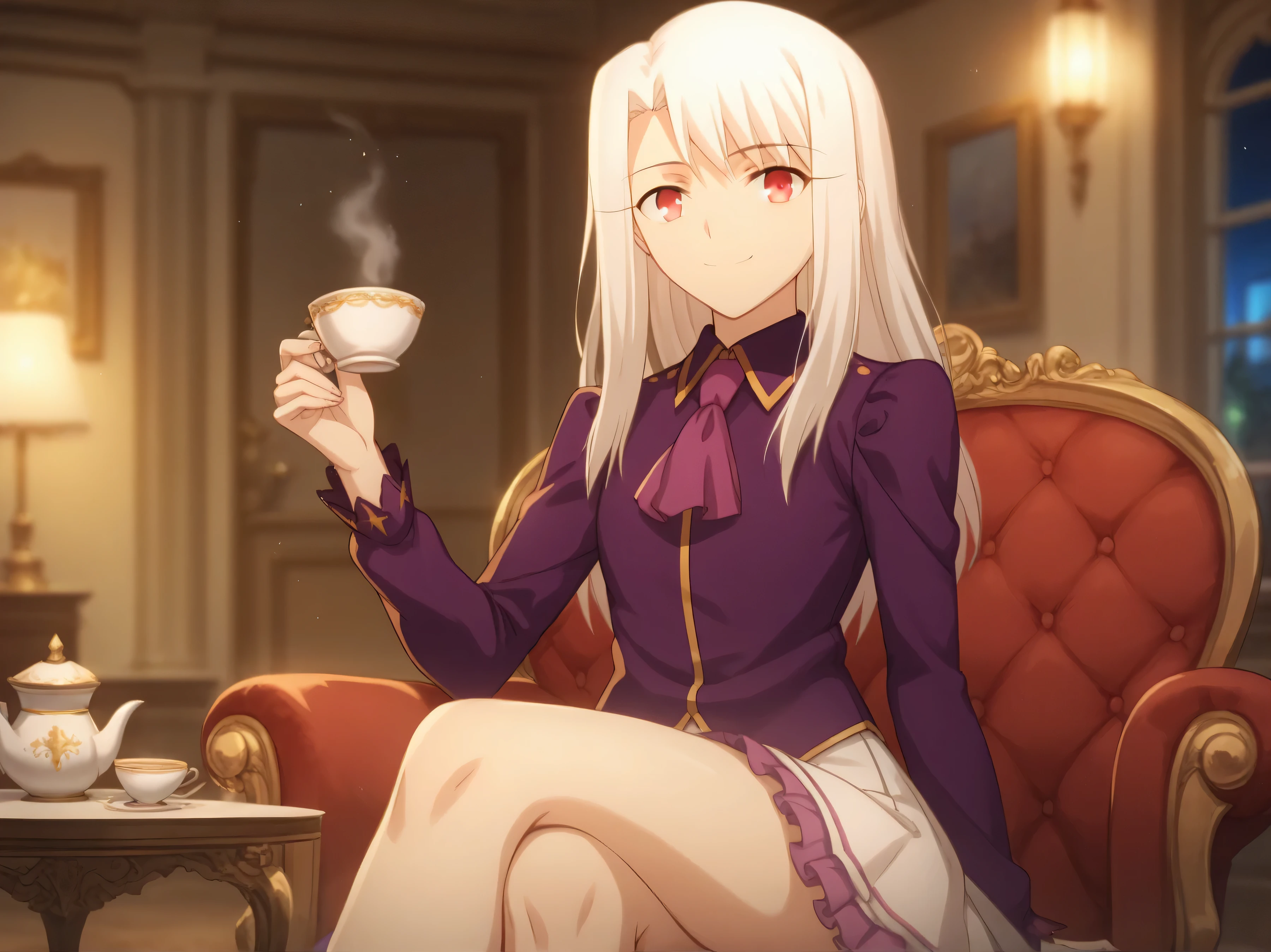 illyasviel von einzbern, long hair, red eyes, white hair,
skirt, shirt, long sleeves, ascot, white skirt, frilled skirt, purple shirt, royal room, tea, holding cup of tea, indoors, night, lighting, sitting on a armchair, solo, looking at viewer, smile, tone mapping, high contrast, saturation, colorful, best quality, masterpiece, blurry background, letterboxing effect, sitting, crossed legs,