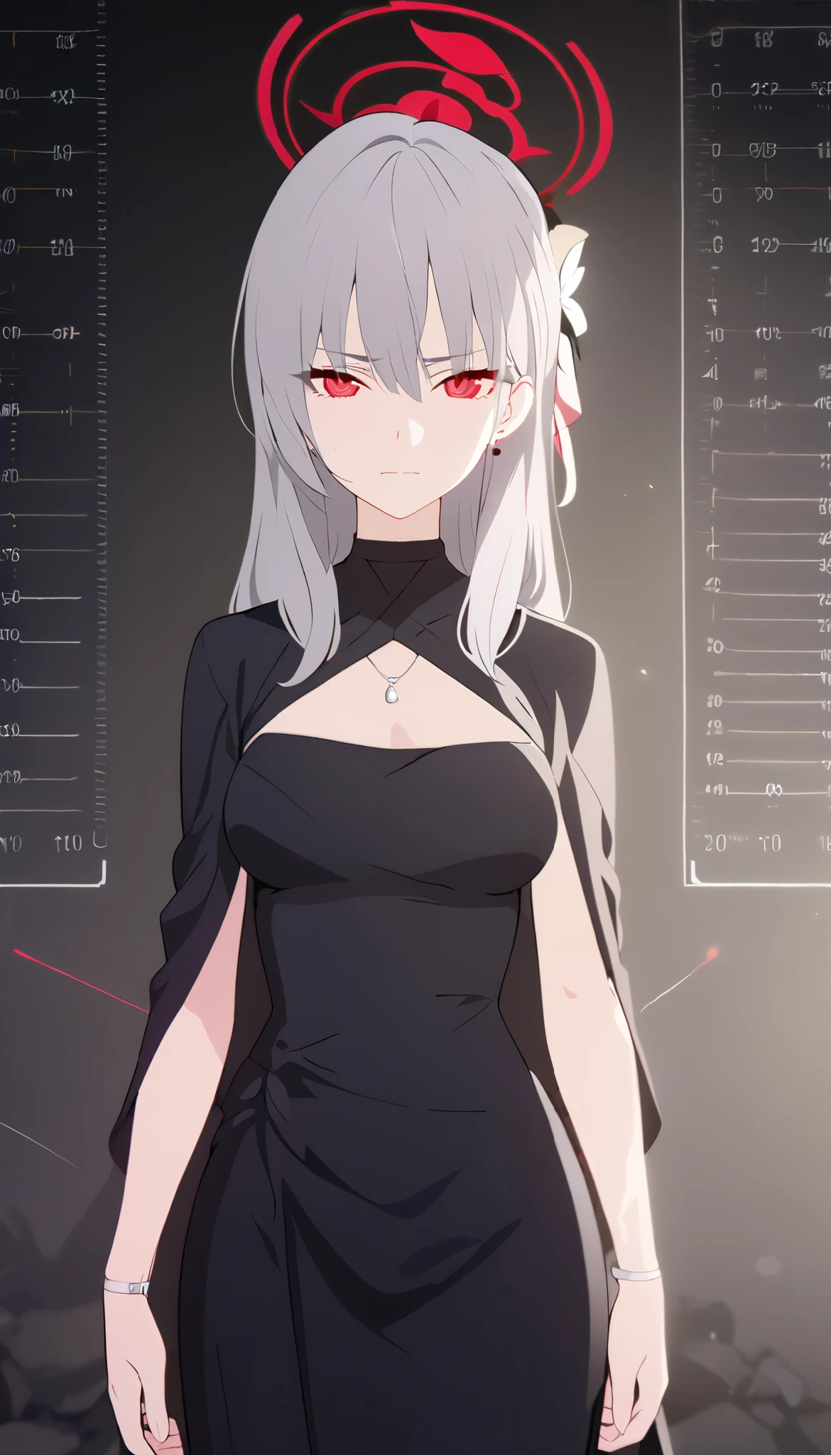 masterpiece, best quality, solo, 1woman, mature, grey hair, long hair, red eye, medium breast, elegant minimalist black dress, red halo, standing, looking at viewer, black background, calculated, calm, composed, serious, faint smile