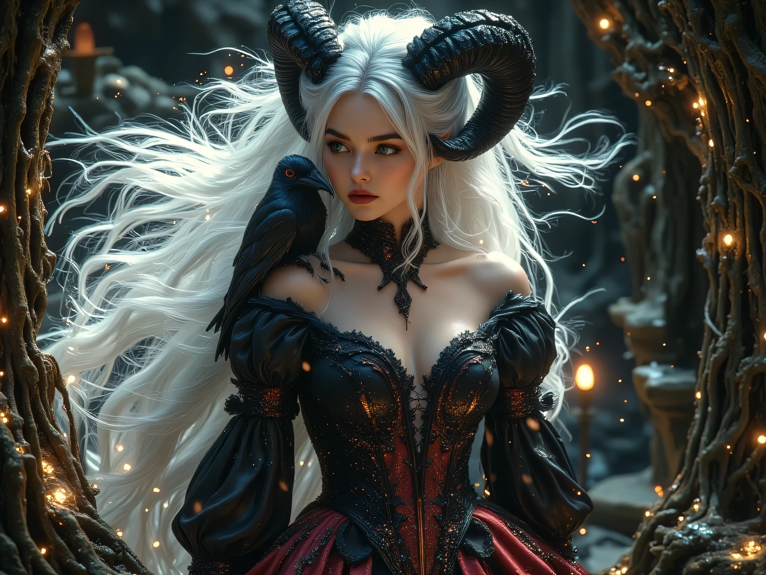 demon girl, long white hair, straight bangs, blood red eyes, circular horns, slightly upturned face, upturned nose, cara de raiva, small cornered mouth, small breasts, small round breasts, thick thigh, big ass, platform heels, full body, (((her clothes are something incredibly extravagant and at the same time unflashy))), {extremely detailed 16k CG unit wallpaper}, expansive landscape photography, (a bottom-up view focusing on the character and the scenery), (wide open field view), (low angle shot), (high light: 1.2), (low light: 1.2), (warm light source: 1.5), intricate details, (iridescent colors: 1.5), (bright lighting), (atmospheric lighting), dreamy