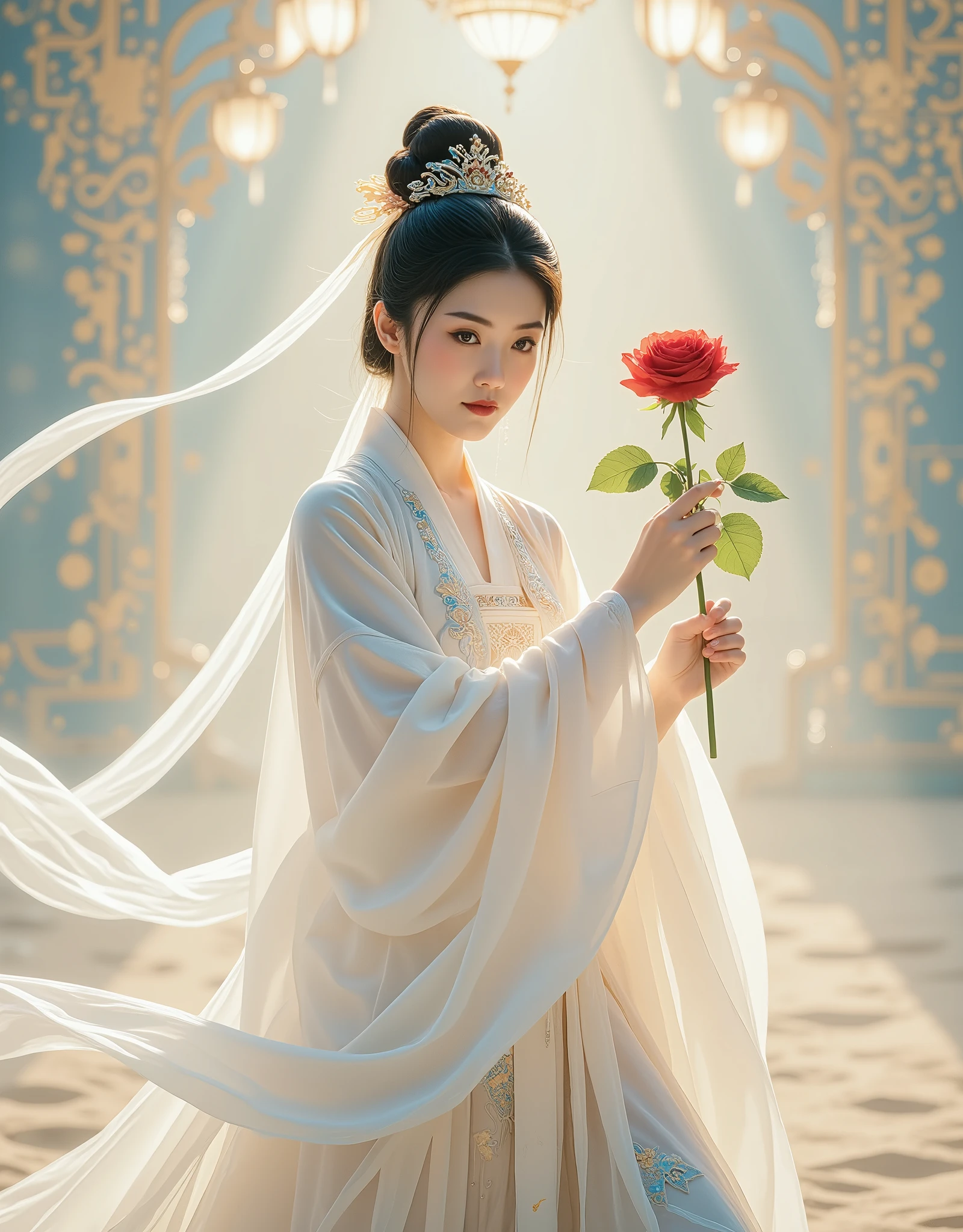 Hairstyle girl tied behind in a bun, with (( with a Chinese queen's high hair bow, with a chandelier, flowers )) in an all white antique hanfu dress, a white long skirt, with long fabric, fluttering. ((The back is a desert )) Full-bodied smiling, holding a red rose with a fighting stance