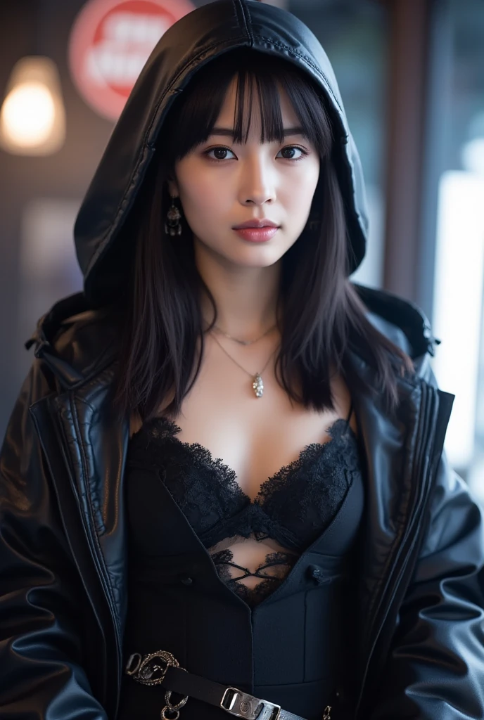 Close-up of woman wearing black jacket and, black leather bra, Japanese model, black bra, Suzuki Kiyoko, Yoshitomo Nara, Sexy :8, Chiho Ajima, anbenggang, tiny black bra, Black-haired Ishidaho, Ogata Aoi, Beichuan Marin