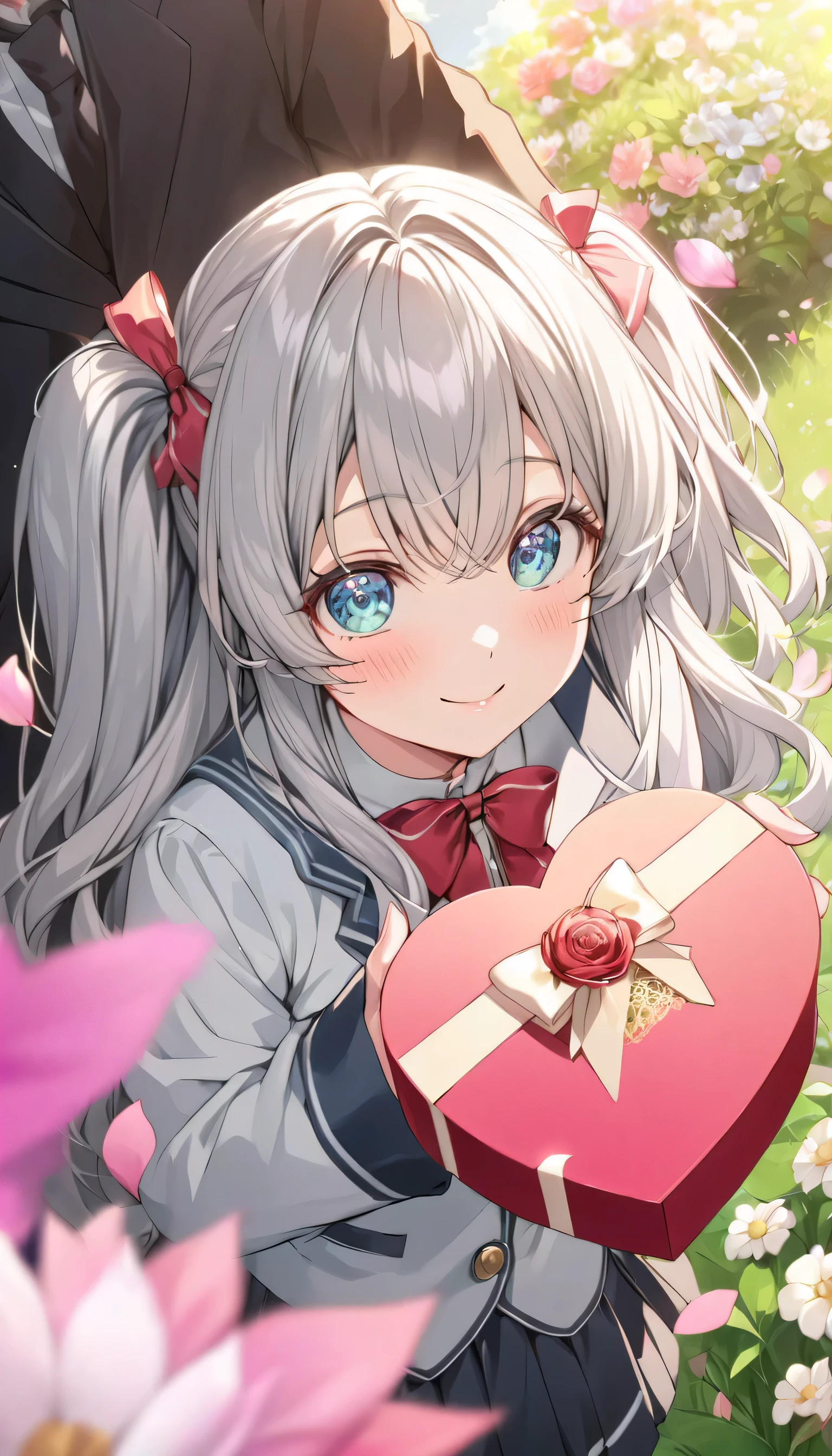 ((ultra-detailed)), (highly detailed CG illustration), (best quality:1.2), ultra-highly detailed, colorful composition, artistic photoshoot, 1girl, solo focus, ((upper body:1.4)), moe anime character, girl, dainty facial structure, (bab(round face), ((rounded chin:1.2)), ((ideal ratio body proportions)), celia-default, celia claire, (blue eyes), sparkle eyes, silver hair color, two side up, ((hair ribbon with red), (deep royal blue and white strips hair ribbon), ample breasts, school uniform, black blazer, modern style with fitted jacket, red neck bow, long sleeves white shirt, black pleated skirt, and black high socks, ((look of anticipation)), ((shy:1.4)), ((blush:1.4)), ((bashful:1.4)), ((excited)), ((full-face blush:1.4)), ample breasts, ((giving Valentine's chocolate)), ((chocolates in a heart box)), ((extend your arms in front and hold them out)), petals glowing and fluttering, standing by the victorian garden with flowers, beautiful detailed sky, dynamic pose, looking at viewer, best quality, masterpiece, looking up, expecting, pink cheek, blush, light pink gloss slip, portrait, depth of field, soft lighting, sidelighting, (shine), lighting, caustics, ray tracing, smile, perfect face, lustrous skin, highly detailed face, highly detailed eyes, perfect face, perfect nose, perfect hair, perfect eyes, perfect anatomy, beautiful hair, beautiful small face, extremely detailed face, beautiful detailed eyes, beautiful clavicle, beautiful body, beautiful huge breasts, leavage, breasts squeezed together, equalize the size of the left and right breasts, beautiful fingers, 4 fingers, 1 thumb, lovely, (very detailed background:1.0), (highly detailed background:1.0), spring aesthetic, intricate details, love atmosphere, spring colors palette, chromatic aberration