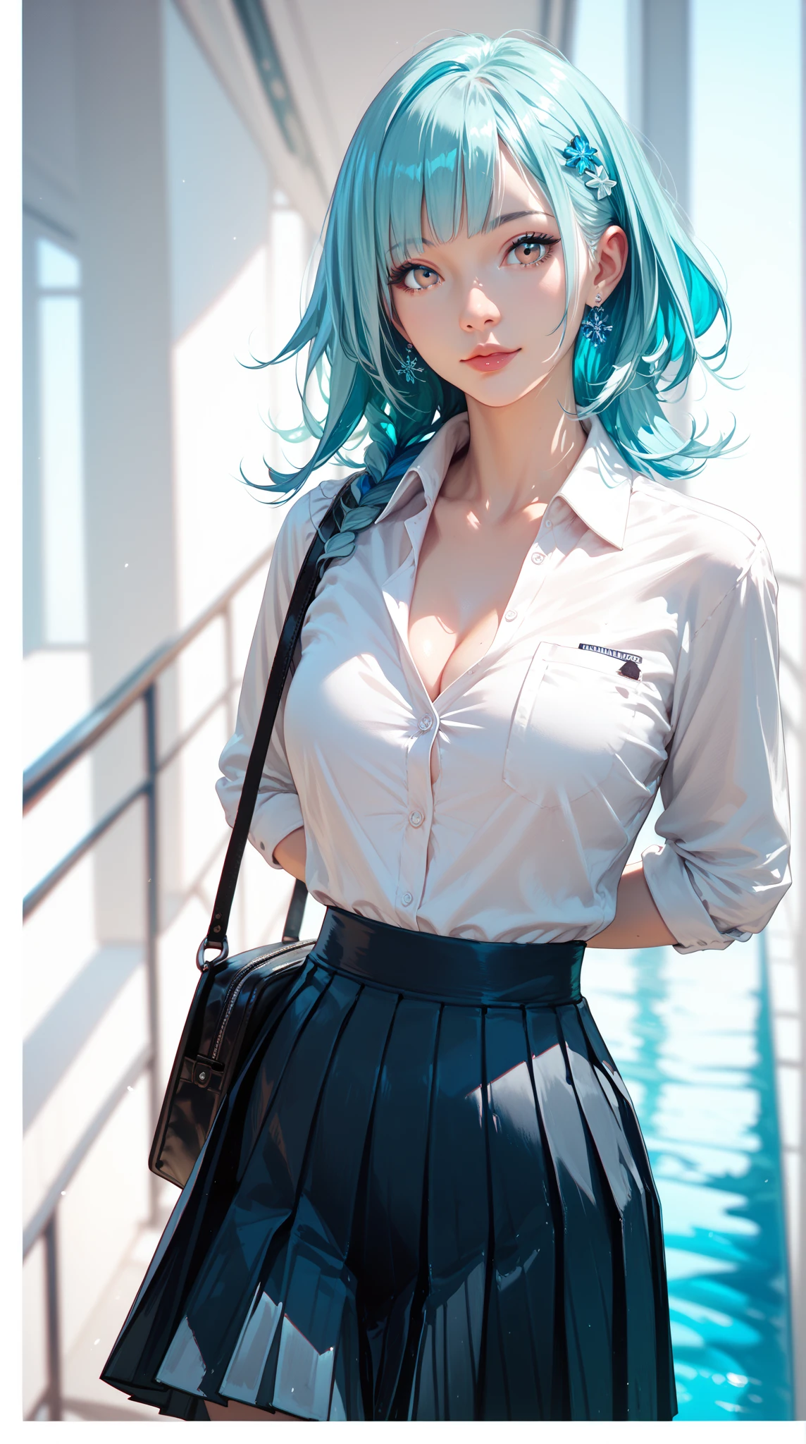 masterpiece, best quality, absurdres, illustration, 8k, perfect shadows,perfect lighting,hdr, ambient lighting,realistic, ultra-realistic, cowboy shot, Photo realistic,(hyperrealistic:1)textured skin,shiny skin,skindentation, beautiful body, (blush:1.2) kaede hozuki, 1girl, blue hair, gyaru, hair between eyes, hair ornament, hair scrunchie, large breasts, multicolored hair, pink eyes, pink hair, side ponytail, sidelocks, two-tone hair, yellow scrunchie (wearing black skirt, cleavage, collarbone, dress shirt, pleated skirt, shirt, polka dot red shirt tucked in, skirt, thigh gap, polka dot red shirt,) ( large breasts,hourglass body, thin waist,very slim waist)extremely detailed face,detailed eye makeup, detail face, nice detailed eyes,nice hands, perfect hands, (realistic pupils,realistic defined body features,toned midriff,skinny waist,thin waist,(abs:0.8),squatting,squat,stretched( spread legs:1.2), arm support, cameltoe, eyes open, eyes closed, printed shirt