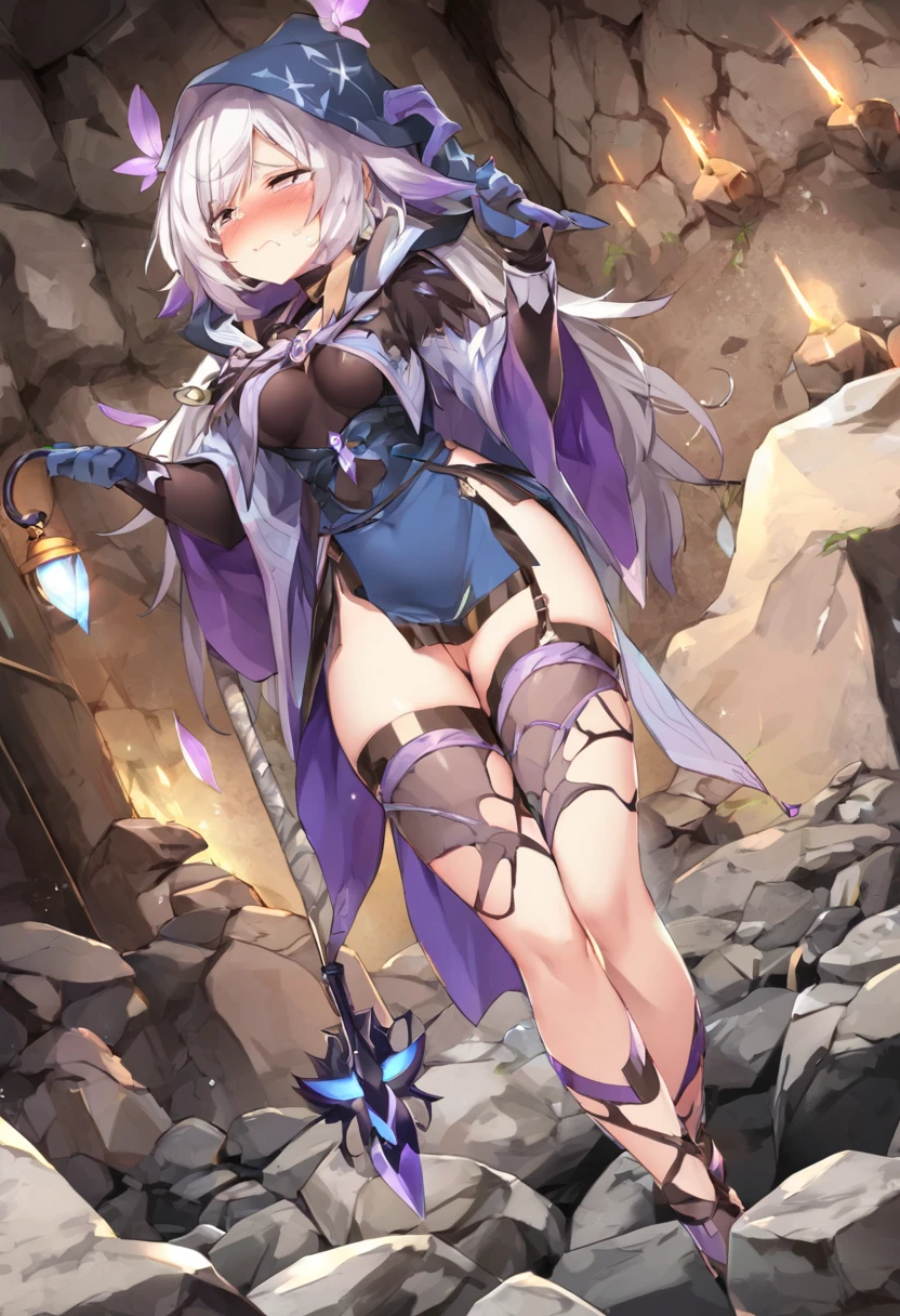 4k,High resolution,One Woman,White purple hair,long hair,Braid,Blue Eyes,Big Breasts,knight,High leg leotard,Bite,Knight's Armor,Black tights,Boots,Long sword,in the forest