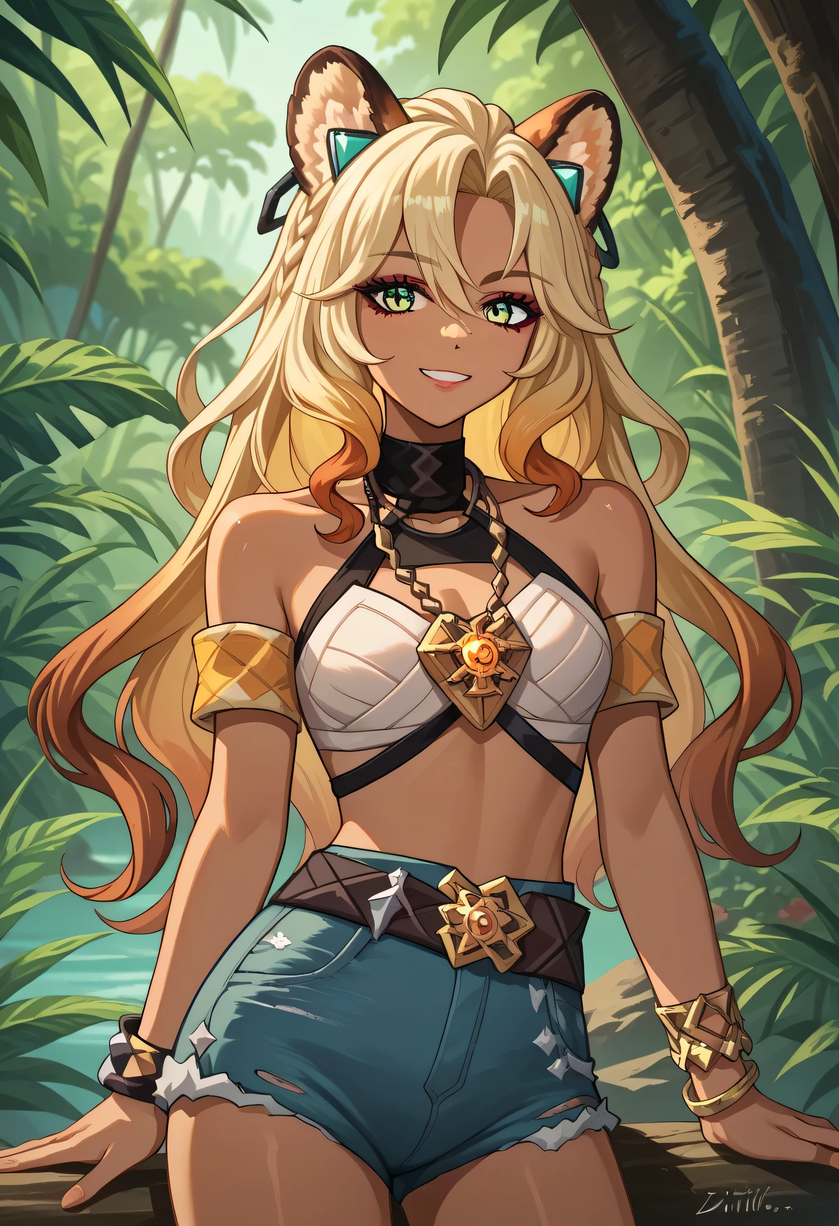 score_9,score_8_up,score_7_up,source_anime,solo,1girl,xilonen,dark-skinned female,makeup,smile,looking at you,long hair,single braid,animal ears,crop top,halterneck,criss-cross halter,blue shorts,denim shorts,cutoffs,necklace,bracelet,bare shoulders,midriff,outdoors,jungle,