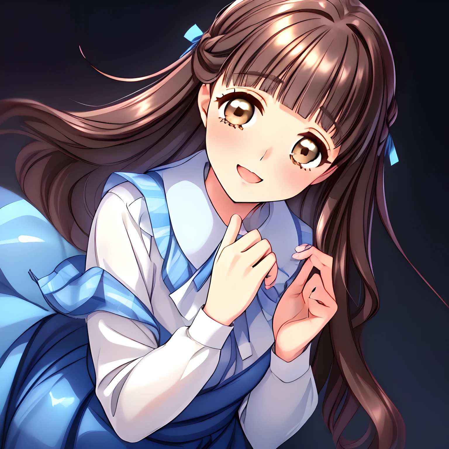 (highest quality, masterpiece:1.2), highest quality, High resolution, 1080p, 8K, (A 18yo beautiful pretty fashion model is seated on a char nobly and turning to me, charming laughter, most beloved girl in the school, (intelligent and perfectly balanced slender style), too flirting girly smile, amazingly neat & clean, in peace and neat lovely strong charm, (face up, looking down), tilted head: 1.8), (Too noble beautiful lady like a love-story comic heroine), (laugh in bliss), (Whispering the viewer's subliminal desire secretly to hypnotize the viewer), A very lovely, very noble, pretty and pure beautiful girls. ((Bursting out Laughing very elegantly)), ((white grown face)), Using expensive whitening cosmetics by cosmetics artist: 1.2), A white face that everyone loves, Glossy lips, (curled) bangs, (Too beautiful blue fascinating shiny (double-lidded) (brown eyes) with love to the viewer, ((deep upper girly eyelid)), laughing with detailed clearly: 1.5), ((amazingly beautiful straight (slightly wavy) long black light hair: 1.5)), (Sailor-style school uniform, Neat smart (yellow blouse)): 1.5), (A very neat, (tartan-checkered pleated blue skirt with thin fabric belt): 1.2), (too pretty shiny light-yellow realistic school ribbon): 1.5), (Shiny game heroine lips, extremely laughing open mouth: 1.0), (Ribbon in (black hair), long thin braids, The ribbon is big and very pretty), (Tight waist, slender like a beautiful fashion model: 1.5), (The background is (plain black space with lovely heart stars) to emphasize her fascination: 1.8), (The lady knows well about the viewer's super fetishism for school uniforms, and satisfies it completely: 1.7), (beautiful neat fascinating cute noble atmosphere in a high school only for beautiful ladies to learn how to be charming: 1.8), (take a full body shot from her side: 1.2)