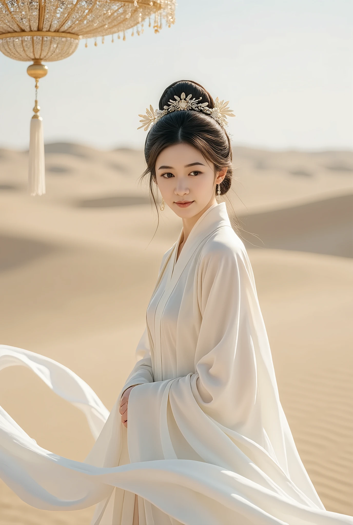 Hairstyle girl tied behind in a bun, with (( with a Chinese queen's high hair bow, with a chandelier, flowers )) In an all white antique hanfu dress, a light green long skirt with a long fabric, fluttering. ((The back is a desert )) Full body smiling