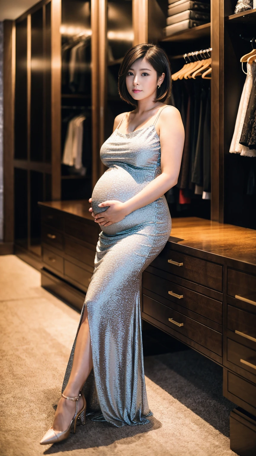 Pregnant women, Sexy pose, night, Latina, face, Sweaty, A perfect expression of desire, ((((masterpiece)))), ((highest quality)), ((Intricate details)), (Surreal)), An absurd solution,, Mature Woman, perspective, Very detailed, figure, ((((One mature woman))), (((big)), Perfect hands, Detailed fingers, Beautiful fine details, short hair, Brown eyes, Name tag, chief executive officer(CEO), Cleavage, iridescent see-through dress, Black Choker, Earrings, stockings, Very plump body, curvy, Huge breasts, Thick legs, Detailed Background, Perfect Eyes, Seductive eyes, Viewers from the front, Expressions to invite men, Wide-open legs, Spread your legs, Nymphomaniac, Pervert woman, Pregnant women,