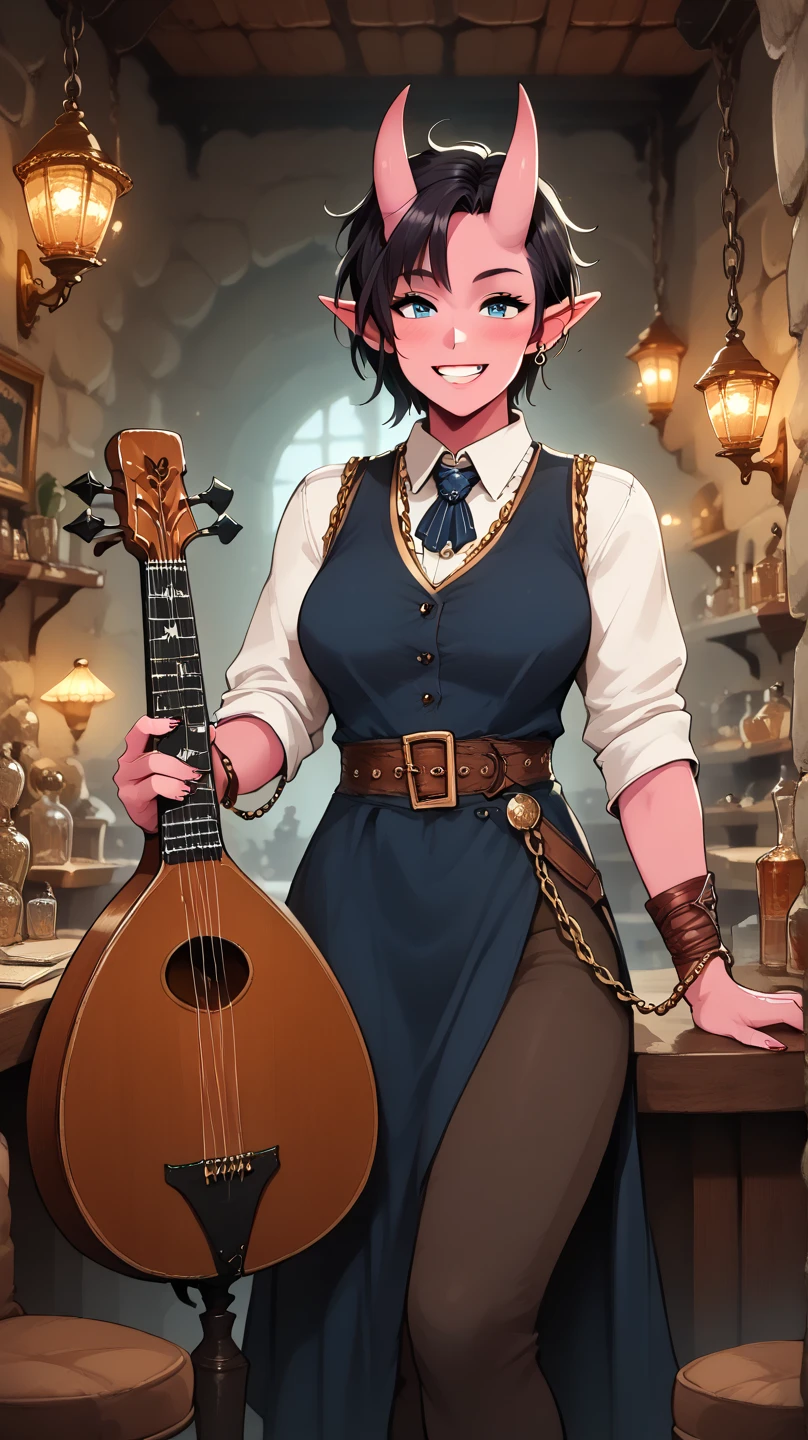 Female Bard rockstar Tiefling with pink skin,cool Tiefling horns with golden streaks,character of D&D, black hair, blue eyes,  smile, playing_ instrument, acoustic_guitar,  Perfect Eyes, pink skin,adult actress,background fantasy tavern, big breasts,  smile, pink skin,cute, dark pink skin, a girl, Alone,  looking at the viewer , blush, background fantasy tavern,slim fit body, Anatomically correct,  masterpiece,  Precise,  High resolution , Premiado muchas veces, Detail, Details altos,adult_movie_actress,medieval bar maid attaire,sidecut, Medival Bar Maid Dress,gold chains in her horns,OLDER WOMAN , bardotgrl,vanna bardot,