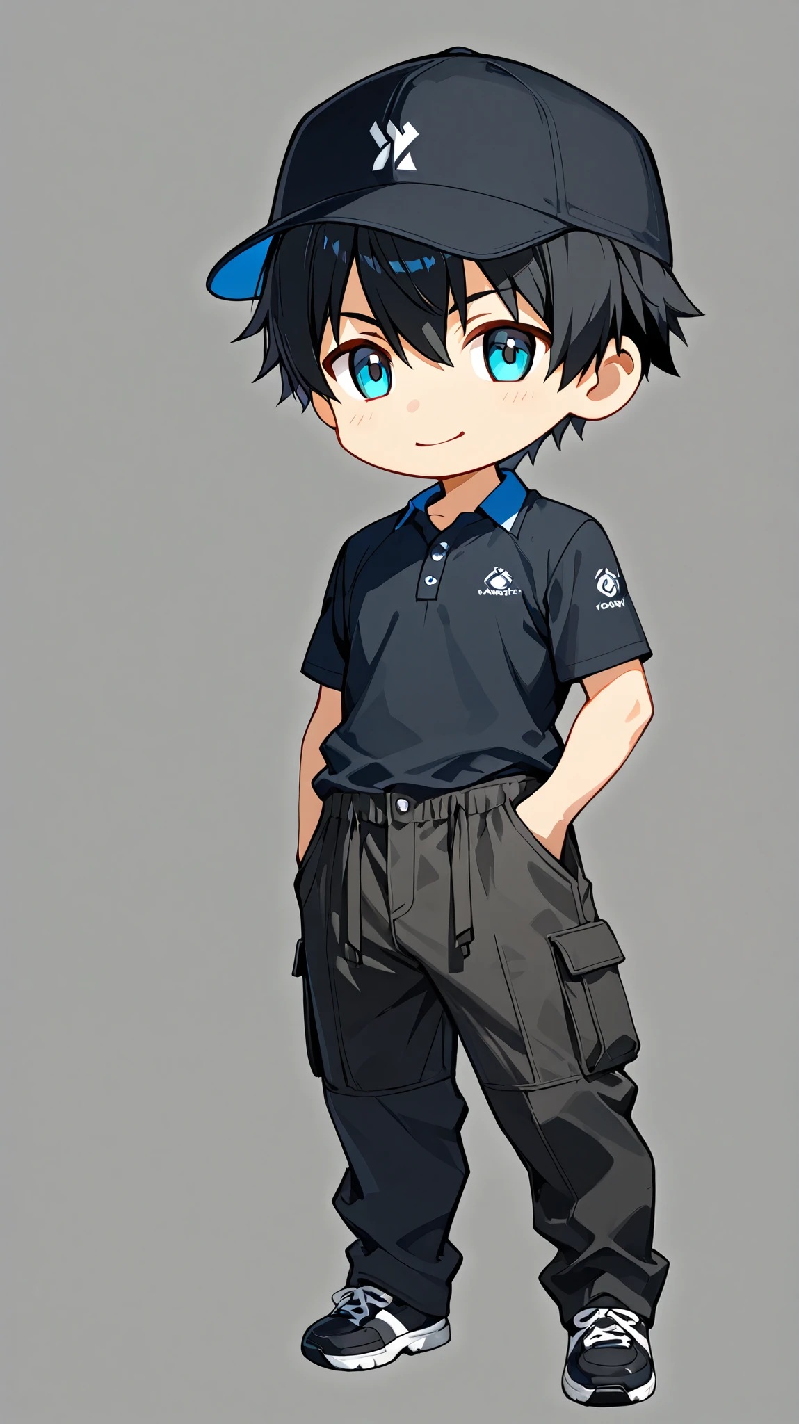 alone male worker light work Refreshing chibi 2-heads-tall anime style no background full body shot black Cap blue-polo-shirt layered black hair black cargo pants