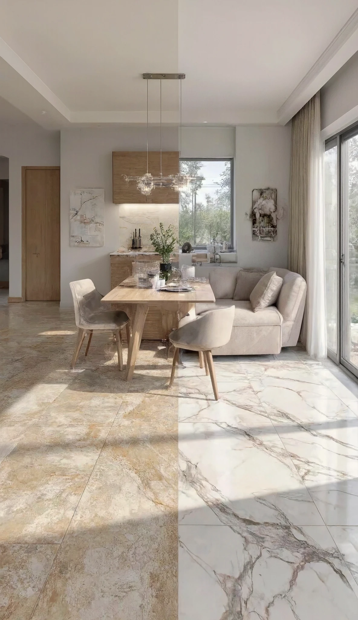 Split-image in the middle comparison: travertin effect tiles vs. marble effect tiles in the same room. 