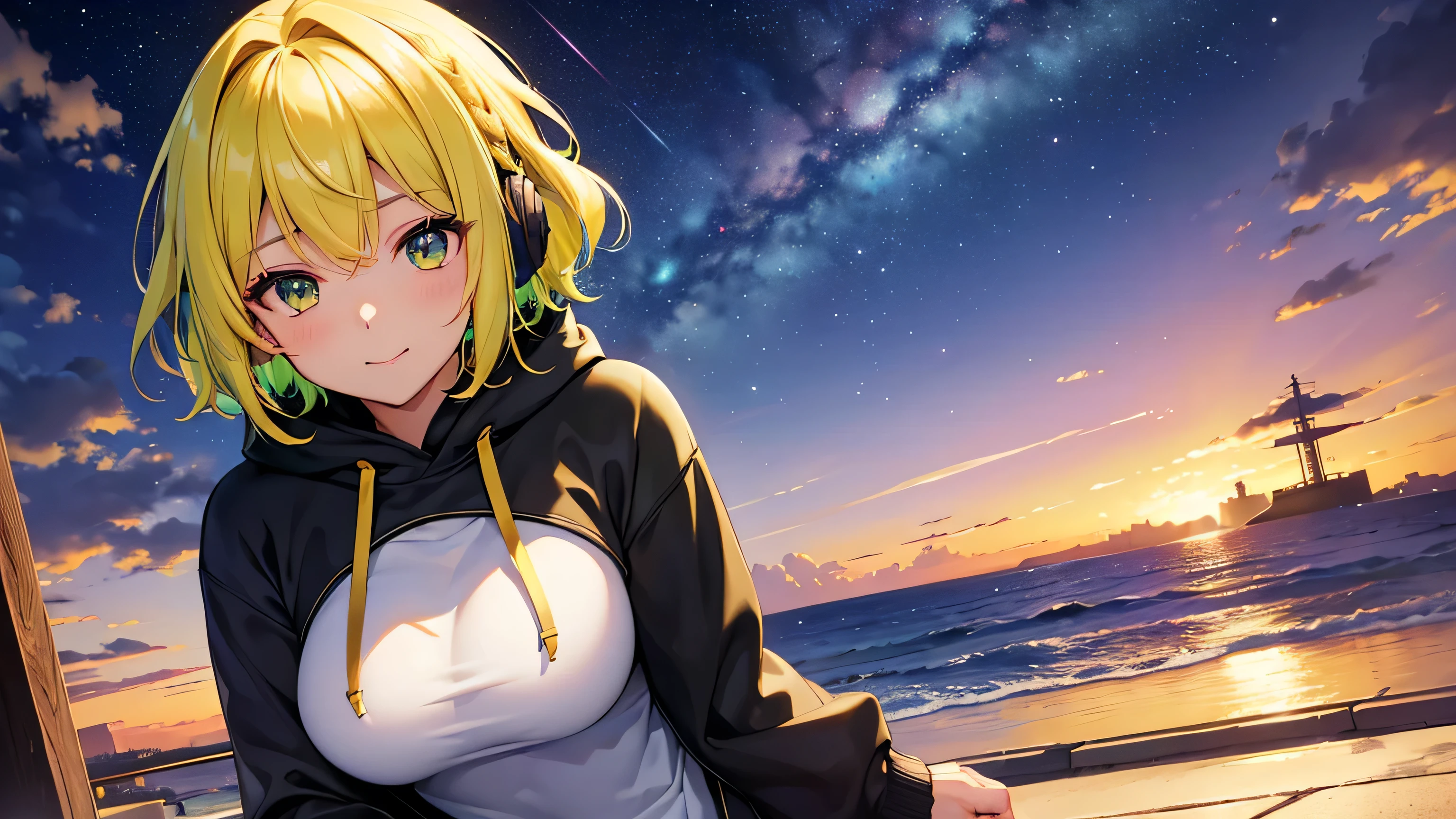 woman holding hands with her hands forward、Date、 valentine、Hoodie and miniskirt 、Big Breasts(3:1)、最 high quality, Soft light, 超 Hi-Res , ( photorealistic :1.4、 portrait shooting), RAW Photo, 1 girl, alone, ( short hair), Starry sky background ( portrait photography、 dynamic、 iris、 colorful)、 close your eyes and smile( Details)、 listening to music、Girl with headphones、 braided pony hair ( yellow、green、 two-tone hair color )、Accurate limbs( Details )、Starry Eyes、Transparent、 high quality, 最 high quality, photorealistic , RAW photos , by Nomi, Ultra-realistic 8K CG, Super details,((Accurate limbs:1.2, by Nomi:1.3, RAW photos :1.3, Masterpiece、最 high quality、Ultra - Hi-Res 、 Hi-Res、非常に Details CG、8k)),