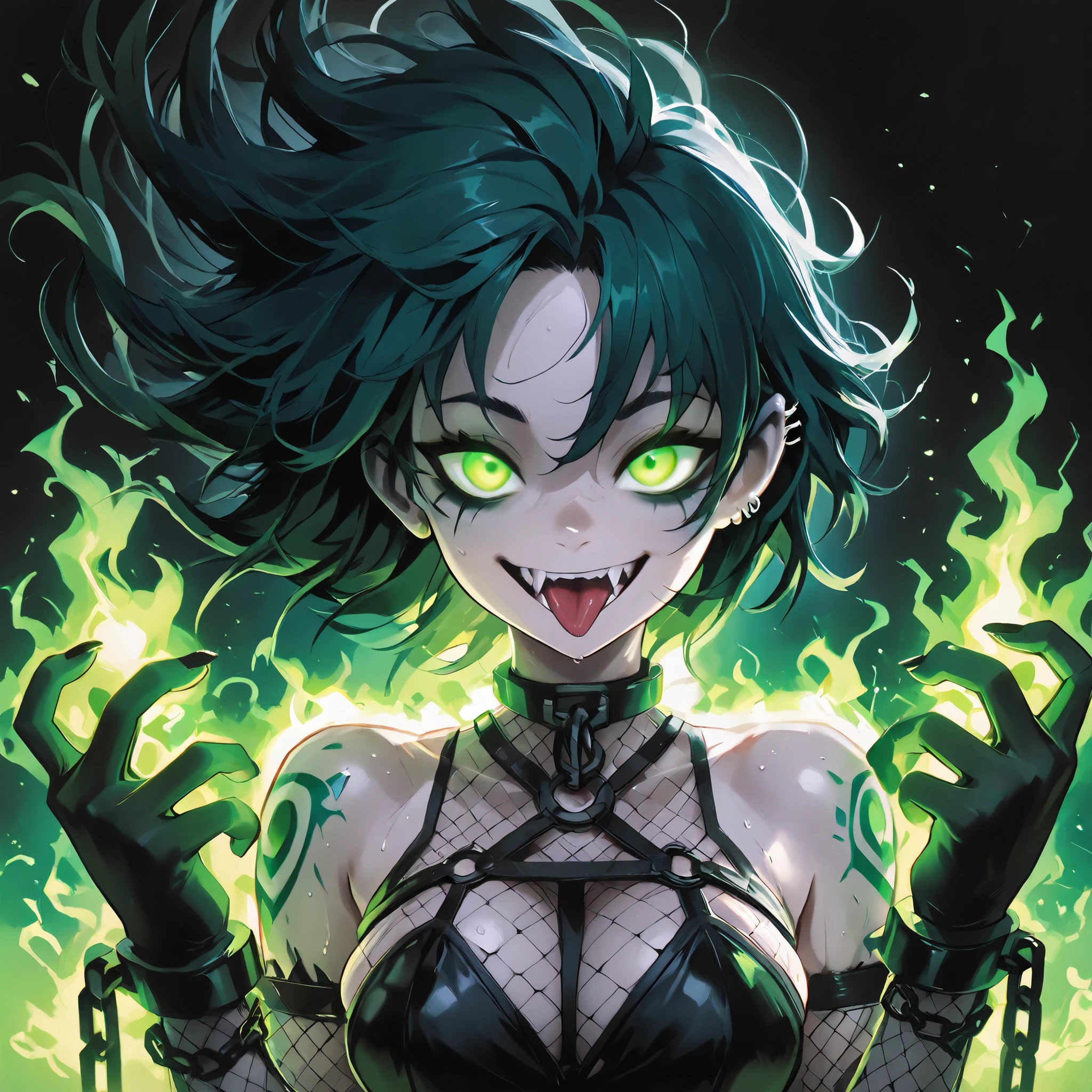 ultra detailed), (masterpiece), (best quality), (depth of field), (sharp focus), (cinematic lighting), (vibrant green), 1, crazy smile, fangs, tongue out, deep eyes, goth style, dark makeup, neon green tattoos, fishnet clothing, silver piercings, psychotic, psycho, A dark lighted anime woman, sexy goth clothes, black clothing, pale skin, dark green haired girl, transparent fishnet clothing, sexy body, big breasts, sweaty body, (chained hands), green glowing chains, heart particles, sexy girl, with bright neon green eyes, glowing green eye trails, deep set eyes, bright hair, lots of green energy, psycho smile, ((green flames are in the background)), sharp teeth, sexy pose, (((green gradient background: 1.4))), energy, energetic, Phonk, Brazilian Phonk, Simple Design, Simplified --s 100 --niji 5 --ar 1:1 ,phnk, 1girl, dark background, silhouette, glowing eyes, aura, phnk, 1girl, black background, silhouette, floating hair, blank eyes, looking at viewer,{{crazy smile, sadistic smile, closed teeth}}, ((empty eyes)), {{glowing eyes, glowing particles, glow}}, ,hauntedglow, glowing eyes,traditional media, realistic,
