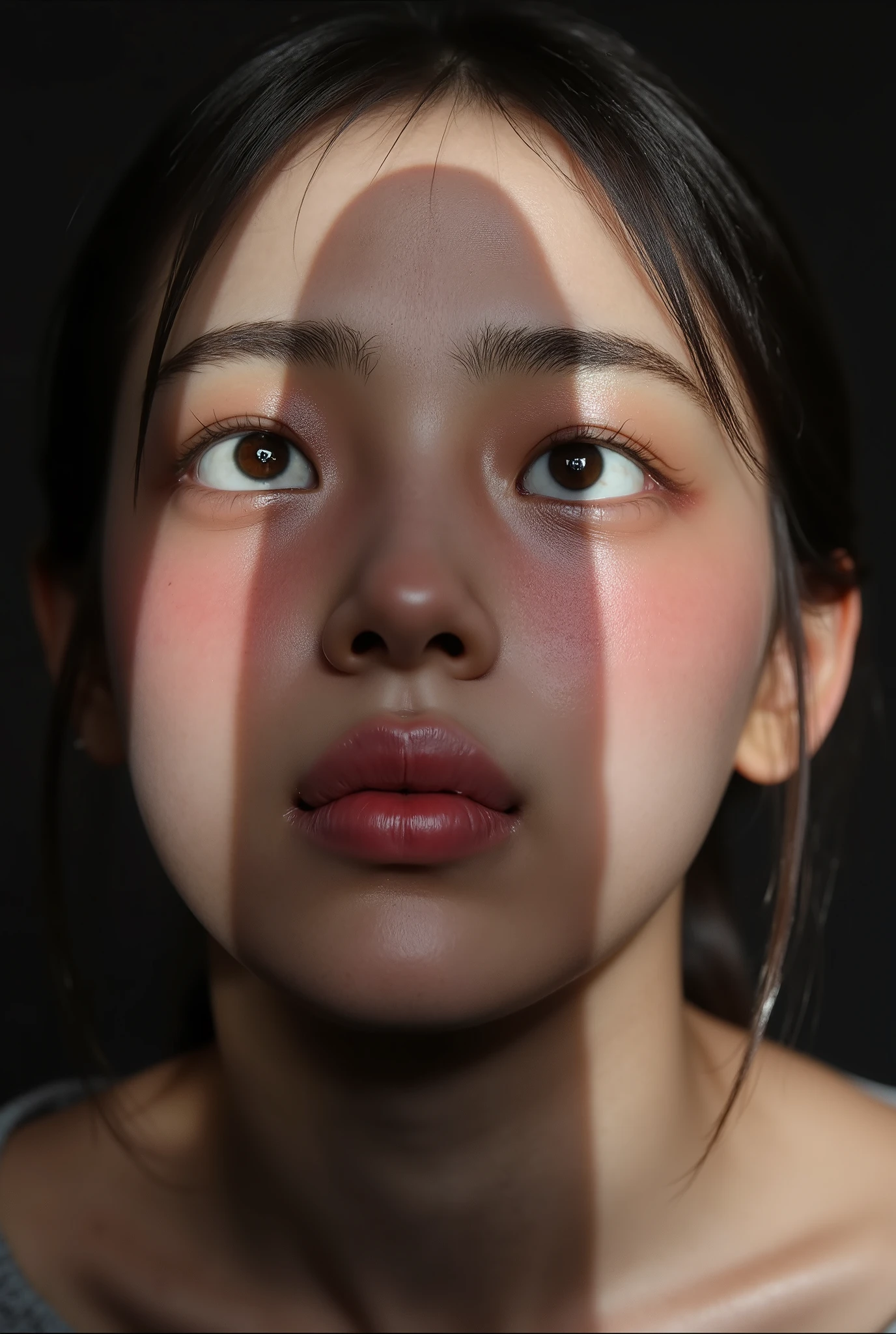 beautiful girl, is kneeling in front of the viewer , The huge shadow of the penis reflected on her face , She looks up at her penis in awe , detailed facial features from genitals , Photorealistic , dramatic lights , high quality, 8k, super detailed, masterpiece.mouth