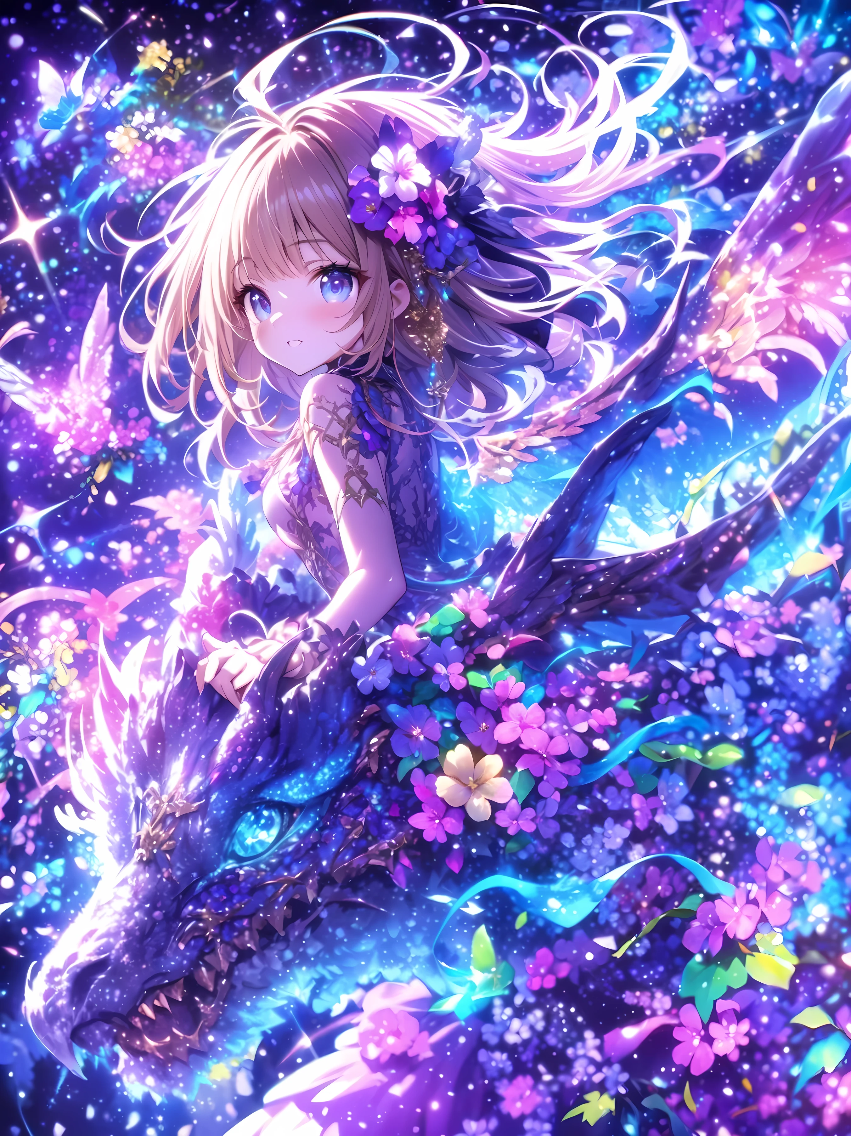 Fantastic Magical World、Big pink tree、Colorful Cloud、Water spirits and lots of water bubbles、Cloud Dragon、The little girl、