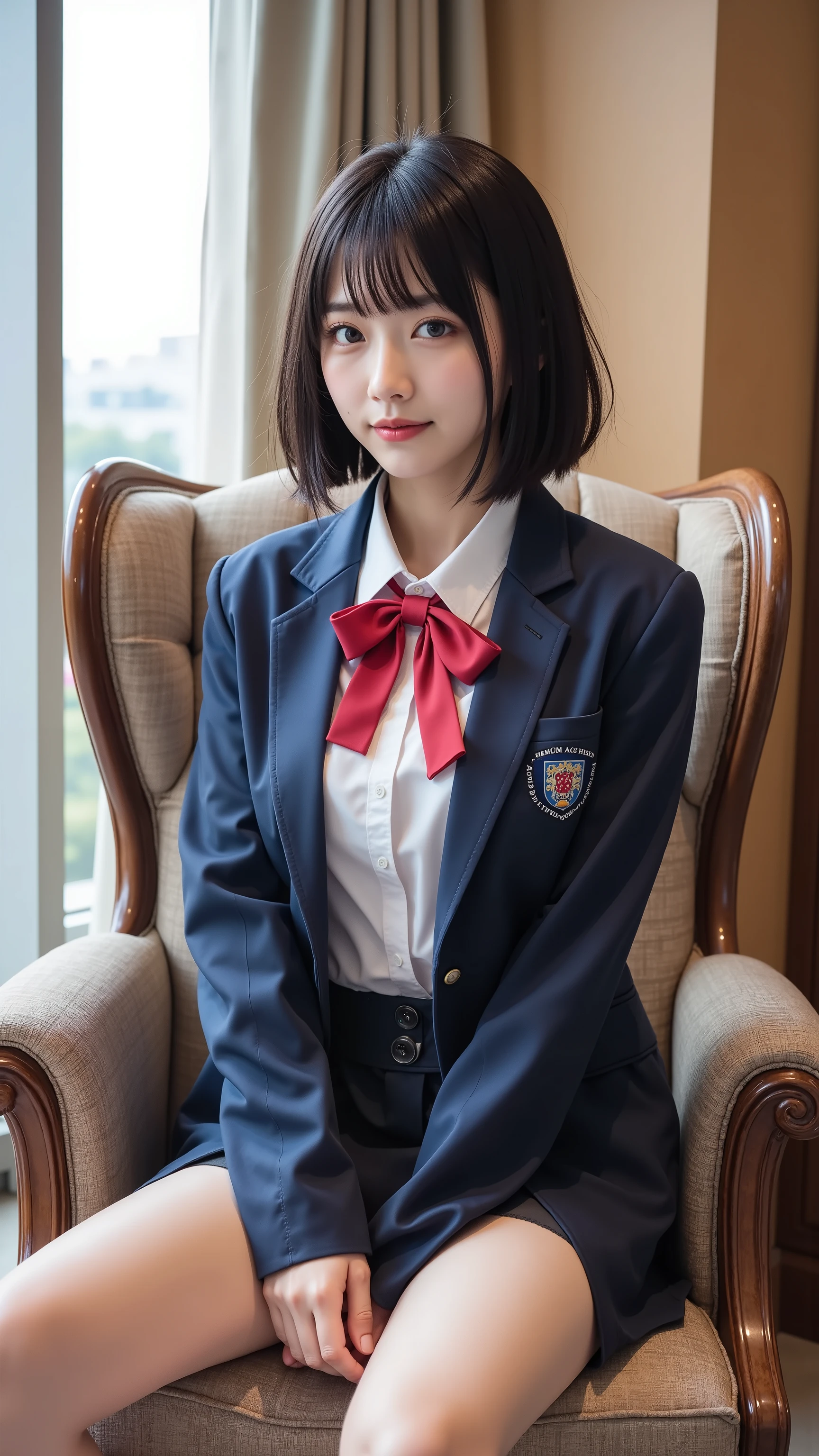((8k, RAW photos, top quality, masterpieces), high-definition RAW color photos professional close-up photos, (realistic, photorealism: 1.37), (highest quality), (best shadows), (best illustrations), collarbones ((big)), ((erotic, sexy, ultra high resolution, high-definition CG unified 8K wallpapers, physically based rendering, movie lighting), (aegyo sal:1), 18 year old girl, (grey blazer, ribbon, socks, high school uniform: 1.2), high school classroom, beautiful detail eyes, light on the face, ((full body shot: 1.2)), especially strong light, (upper eyes, grinning smile:1.2),shiny skin, (((black hair, bob hair:1.2))), ( thick thighs), ulzzang-6500-v1.1:0.2, shy, (flash:1.2), NSFW , (puffy), ((seductive posture: 1.2, attractive: 1.2)), (idle), (sitting at a desk in classroom: 1.2)), ((good anatomy: 1.2)), ((bright and refreshing classroom, background blurred: 1.2)), perfect face, cute face, (high angle shot:1.2)
