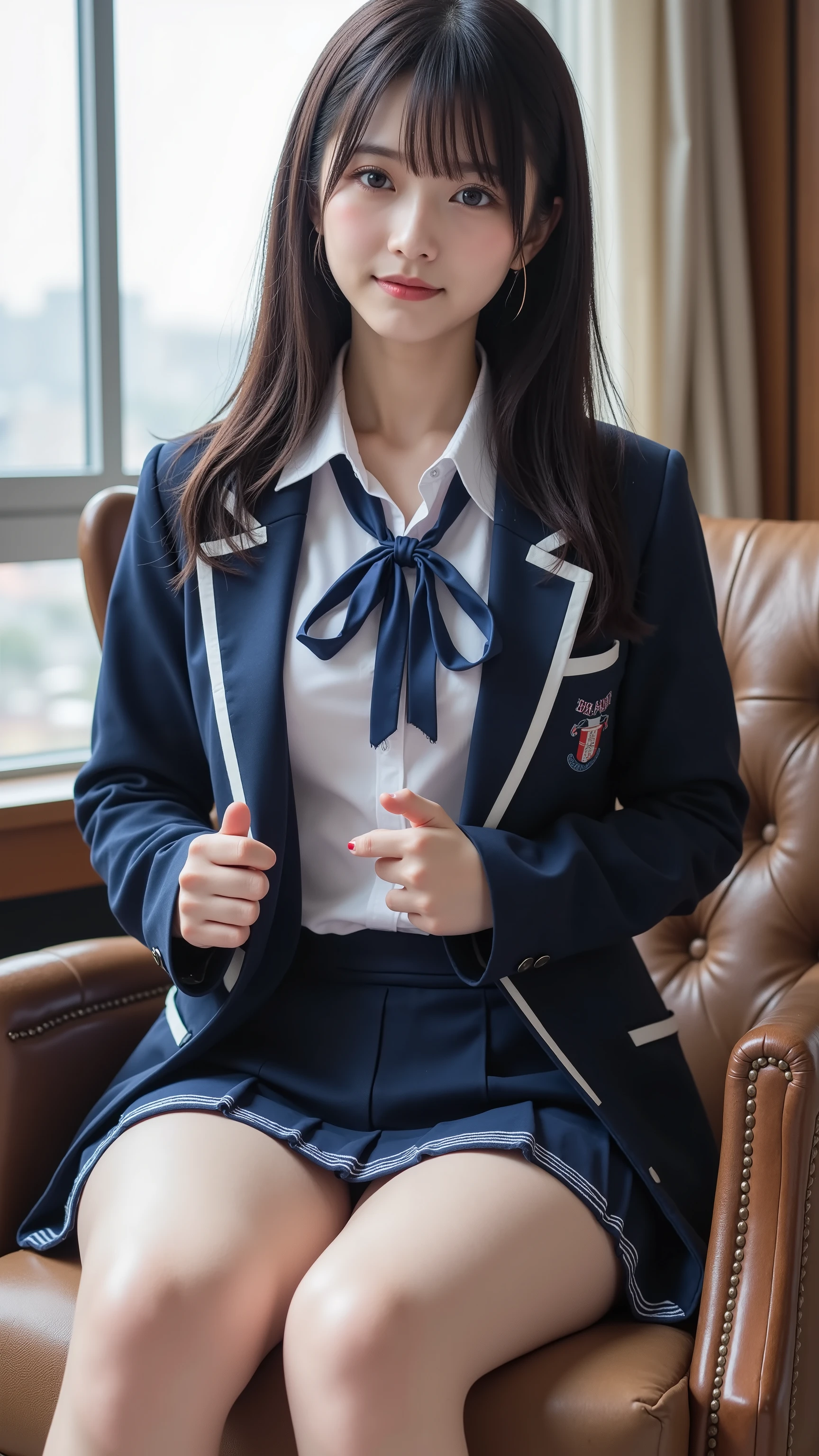 nsfw, Korean Idols, Nogizaka idol,actress, gravure idol, (8k, RAW Photo, top quality, masterpiece:1.2), masterpiece, top quality, shape, very well detailed, Fine details, Hi-Res, 8k, wallpaper, perfect dynamic composition,(Detailed and high quality , realistic eye depiction:1.3), (( in the seat, One high school student)), in the background is a luxury hotel room 、 uniform、 blazer 、 。超ショートチェックuniformスカート 、 navy blue knee-high socks、 garter belt、Huge 、Disheveled uniform, Play with each other, Touching each other's bodies , Touching the girl next door's body , short bob, black hair, Hugeな胸, Big Natural Color Lips, bold and sexy pose, (Perfect shape), is crying a little、Cold Stare, Beautiful Makeup,Glitter Makeup,The cutest 18 year old, beautiful feet, gravure idol風ポーズ, Full Thighs