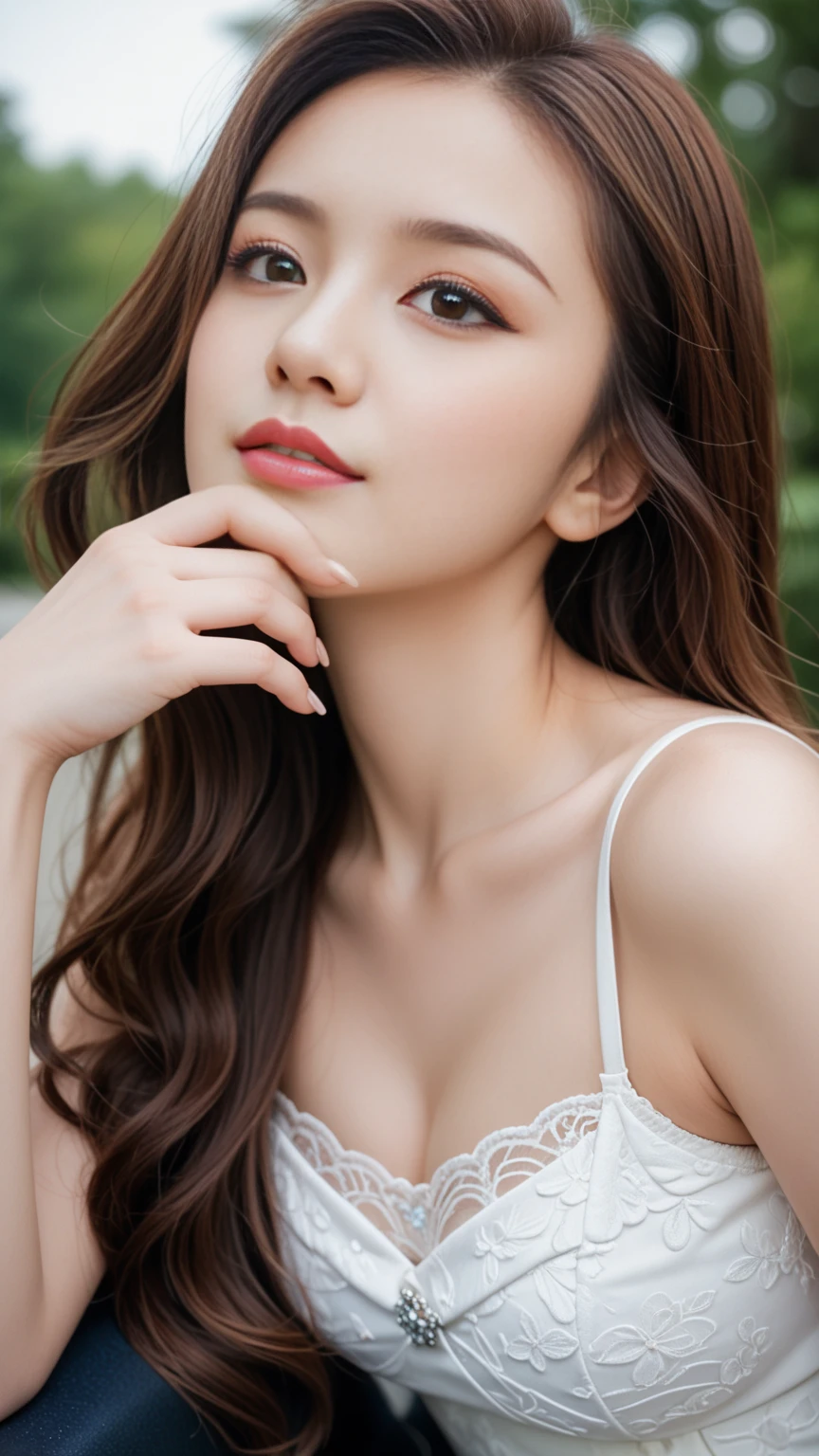RAW photo, bokeh, (Lifelike face), smiled slightly, Top image quality, High resolution, best quality, 8k, HDR, (photorealistic:1.6), (1girl:1.4), S-shaped body, slim body, brown and curly and messy hair, very detailed face, beautiful eyes, [chubby], adorable, full body portrait, Close-up, sharp outline, romantic, Korean stylish, fashion, uniform, crop top t-shirt, a gore skirt, (spread legs:1.35), see underwear, delicate face, short brown hair fluttering in the wind, 22-year-old girl, slim figure, small bust, (sexy, plump breasts:1.2), open chest, bra, charisma, glamorous, standing tall.
