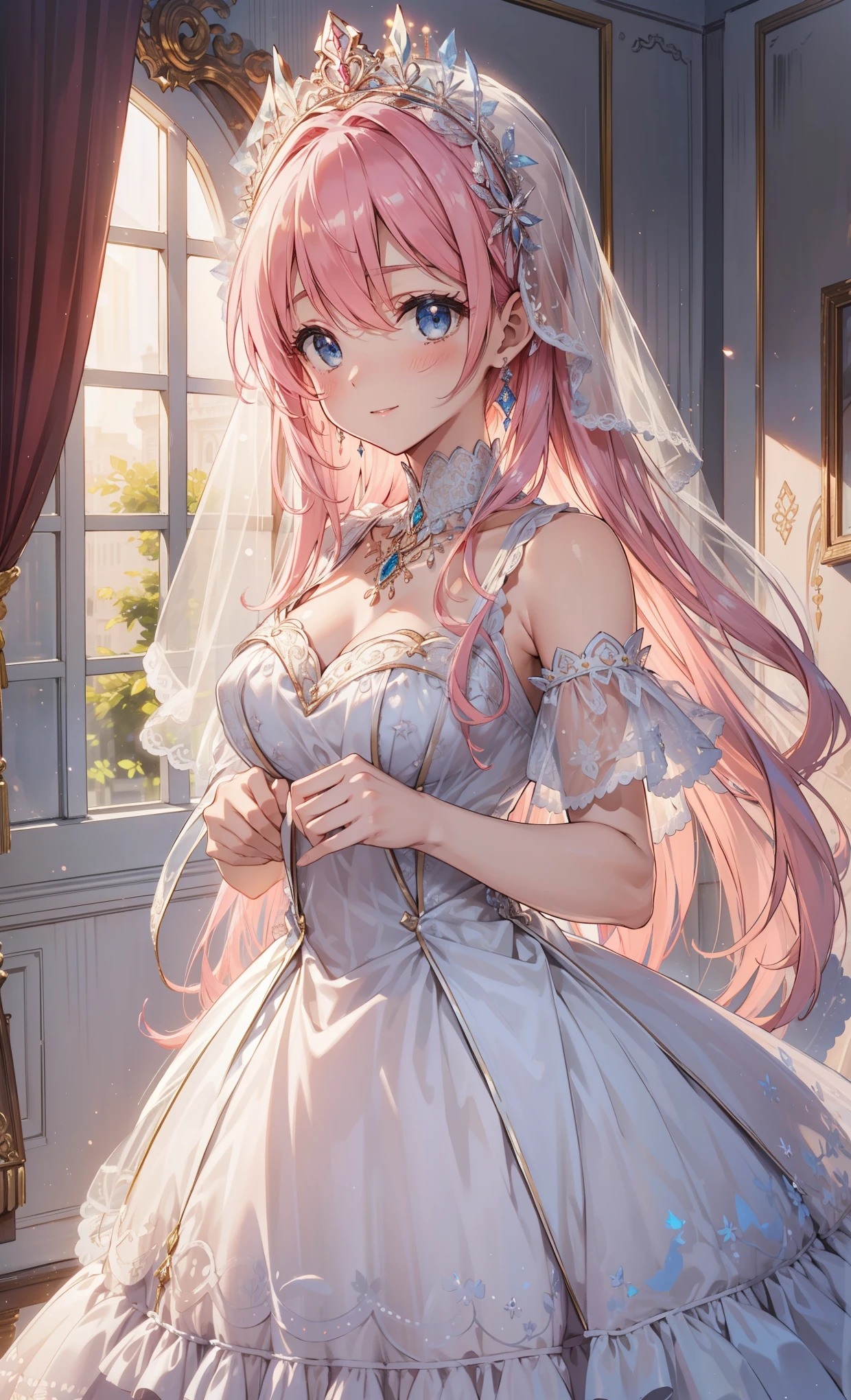 (  Best Quality ,   high resolution  ,  textured skin ,  high quality, high detail,  extremely detailed CG uniformity), shakes ，obsessed，Divine happiness，in love， Have Fun ，( a heavenly long dress and dress combination)， Pink Hair ， blue eyes，(Fabric headdress)， Minimalist，Multi-layered ruffles，Lace，Exquisite embroidery，Beautiful patterns，Fabric headdress，Dress nicely， transparent tulle dress ，bedroom，闪闪发Light，( &#39;Covered by a transparent skirt :1.1)，Light，night， the only person，Fluttering skirt， beautiful anorexic beauty model ， dynamic angle