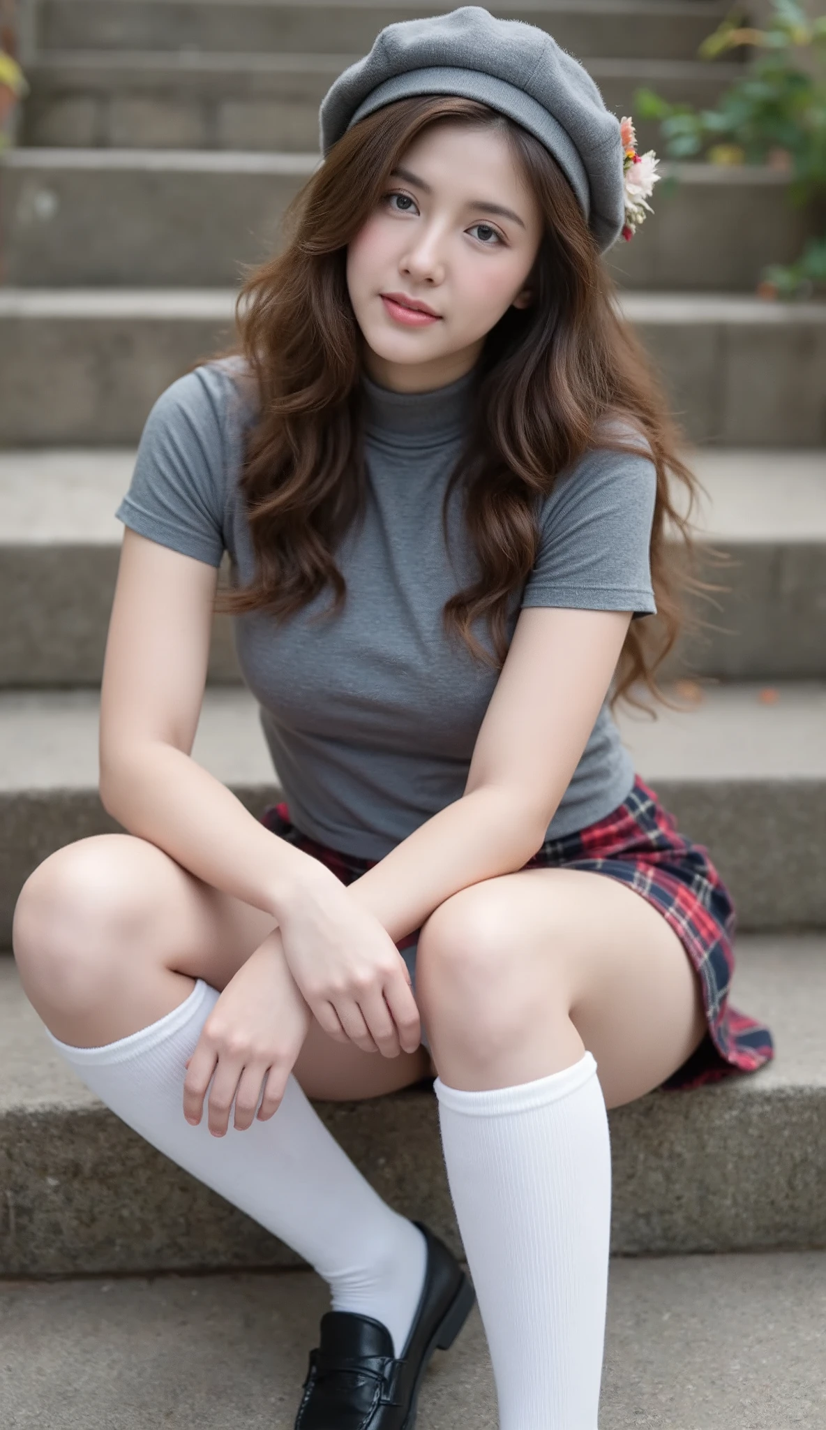This is a photograph of a young woman with long, straight brown hair and light skin, sitting on outdoor stone steps. She wears a grey turtleneck, a plaid skirt, white knee-high socks, and black loafers. A grey beret with a decorative flower is perched on her head. She has a slim physique and a gentle smile. The background features textured stone steps and a hint of greenery.