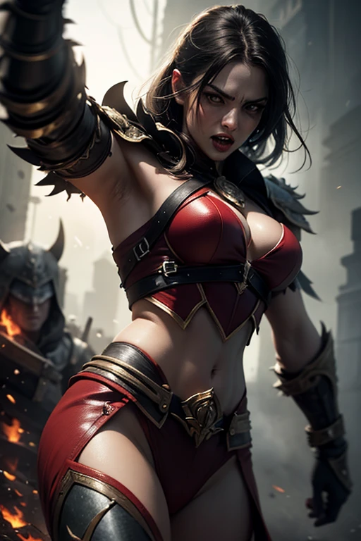 1 woman, mature woman, solo focus, 25 years old, beautiful Swedish woman, brutish, toned body, braided hair, viking costume, toned abs, medium breasts, bluish eyes, holding battle axe, screaming, masterpiece, ultra HD, insane details, realistic, detailed face, face paint, detailed skin texture, background battle field, dynamic angle, sultry look, seductive,