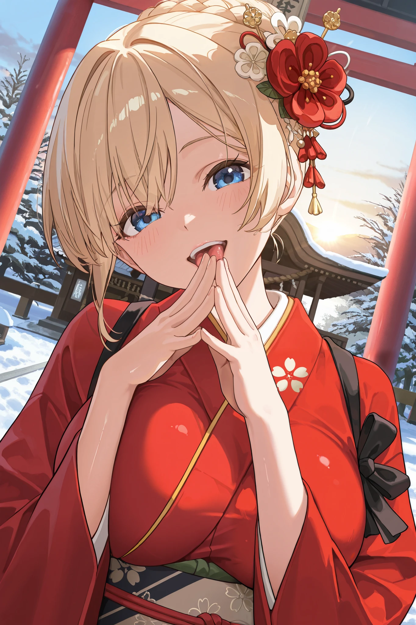 Masterpiece, top quality, great quality, very aesthetic, Hi-Res, super detailed, is ridiculous, latest, scenery, new year shrine visit, cinematic lights that fit your body type , 1 GIRL, cute, Alone, blonde, short hair, braided bun, red flower hair stick, blue eye, staring at viewers, 片eyeを閉じた, big smile, open your mouth , Medium Boobs, traditional red kimono , Dutch Angle, upper body, Twisted Pose , head tilt, own hand together, hand to the side, depth of field, shrine, Sunrise, backlight, sunlight filtering through the trees, fine fabric emphasis, rimlight, focus on face , break, very detailed clothes , eye, hand, refer to, lips, detailed eye, shiny skin, detailed skin, detail hair to lick your ass , Masterpiece, top quality, great quality, very aesthetic, Hi-Res, super detailed, is ridiculous, latest, scenery, Stereo lighting ,refer toは5本,Snow Day