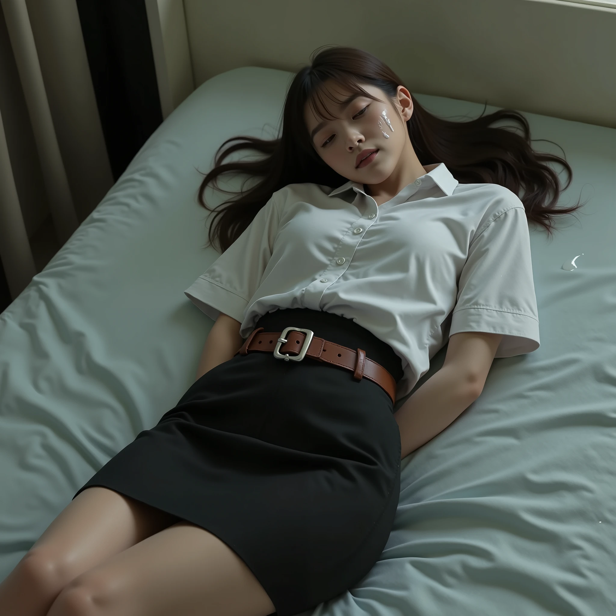 a beautiful Japanese woman is laying on the bed, long spread brown hair, natural bang, she is wearing Thai university costume with small tight short sleeve white shirt with silver buttons, black tight short Low-waisted business skirt, brown belt, silver belt buckle, white panties, she is sleeping and unconsciousness, both hand behind her back, cum on her face, a lot of cum on skirt and thighs, photorealistic, hyperrealism,