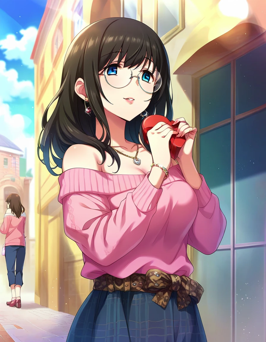 score_9, score_8_ up, score_7_ up, source_Anime, valentine,chocolate,
1 girl, cute woman, shy, Alone, Fob, Date, viewers, smile, Broken Lips, puts her hand on her cheek, outdoor, street, building, Boutique , display window, day, blue sky, day光,
sgswfmk, long hair, brown hair, black hair, bangs, , blue eyes, big breasts,
plaid headband ,
lipstick, fine eyes , eyelashes, eyeliner, jewelry, necklace, bracelet, earrings,
casual clothes, round eyewear, sweater dress, off shoulder セーター, pink sweater, shoulder out, off shoulder , Long Sleeve, belt,