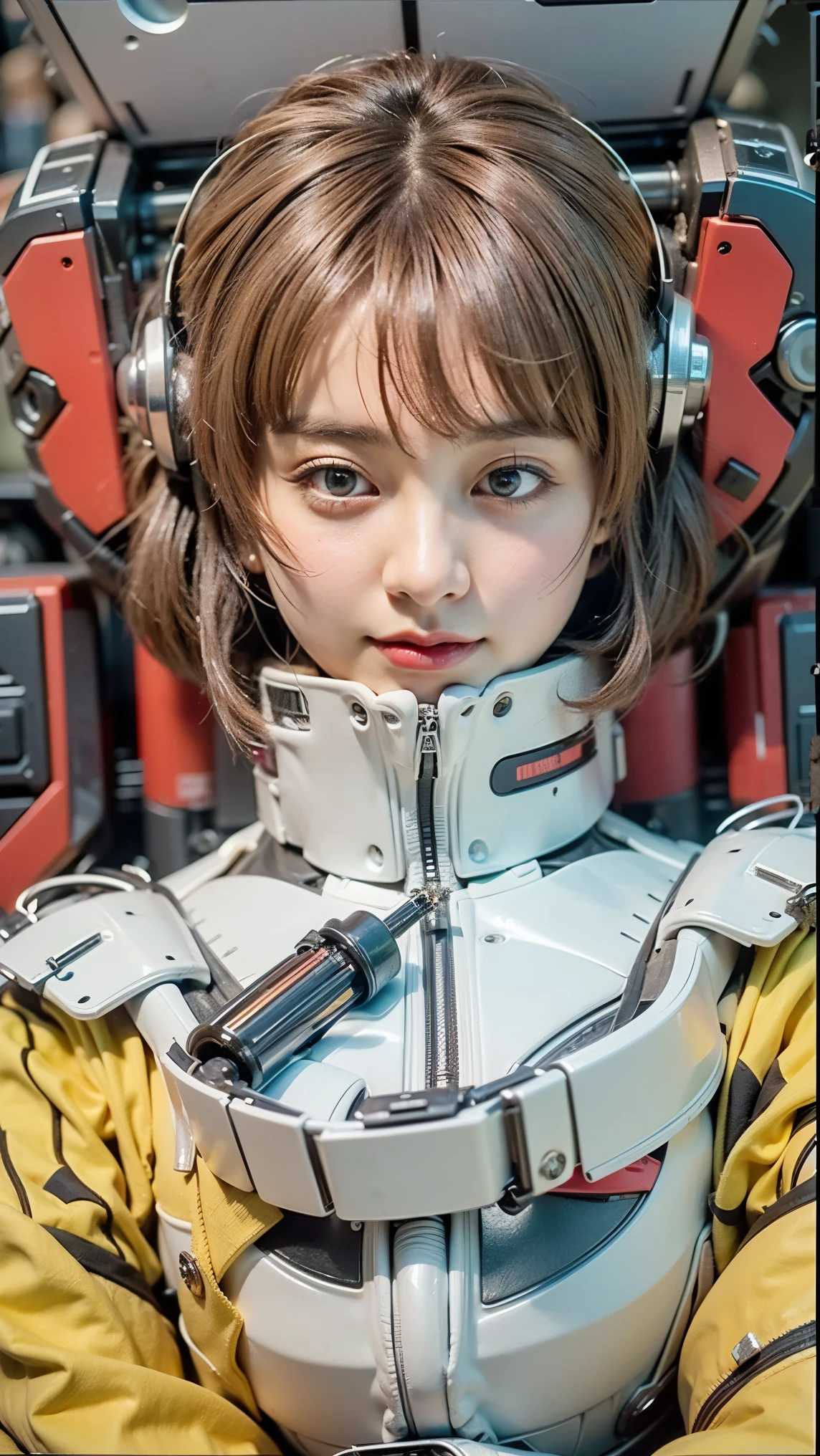 (Completely live action:1.37), (Amazingly realistic textures:1.37), (masterpiece, best quality:1.2), (8k uhd, 16k, 32k, ultra high res), amazingly realistic skin, amazingly realistic photo, superrealism, (photorealistic:1.37), (RAW photo), ultimately realistic, (ultimately realistic all details), (ultimately realistic all textures), super realistic lighting, super realistic shadow, (japanese girl:1.5), ((young face)), smiling, happy, super realistic face, ultimately realistic skin, ultimately realistic eyes, (amazing droopy eye makeup:1.35), ultimately realistic background, ultimately realistic detail up, kkw-ph1, ((amazing droopy eyes, cyberpunk-style cyborg girl, amazingly intricate details, Anatomically perfect hands, mechanical body, silver knight armor, ultra glossy texture, long canine tooth, red eyes))