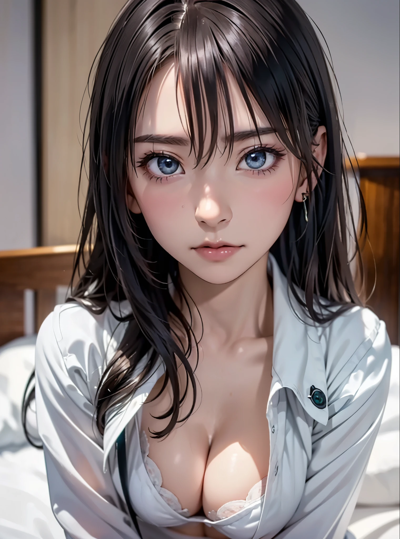 (masutepiece: 1.3), (max resolution: 1.2), (Ultra HDTV: 1.2), cinematric light, 8K resolution, Detailed eyes and skin, detailed facial features, , (Sharp Focus: 1.2), (Focus on Face:1.2),Perfect Style, Beautiful face, acurate, Anatomically correct, ノ Highly detailed facial and skin texture, Detailed eyes, Double eyelids, Thin eyebrows, glitter eyeliner: 1 Natural cheeks, Glossy skin, Fair skin: 1.2, (Glossy lips: 1.4),、 (Shy look: 1.2),Highly detailed facial and skin texture, Detailed eyes, Double eyelids, Natural cheeks, , shiny lips: 1.4,Exposed cleavage、Sperm taken、Overflowing sperm、Flowing sperm、 red blush、humiliated、impatience、dismay、Frightened、glares、Sexually arousal、Provocation、embarrassed from、Open knees、open one's legs、 White underwear、White bra、Shiny little earrings and necklaces、Disheveled clothes、Dressing、Exposed panties、Wearing sweat、sodden、Sheer underwear、Stockings、 18 instars, Neat and clean woman,1 persons、 upturned breasts, Bedroom、sitting on a bed、deep in the night、sexy pose、a blond、Blue ash eyes、Green ash eye,(Girls' High School Uniform:1.3)、Glares facial expression、full of sweat、