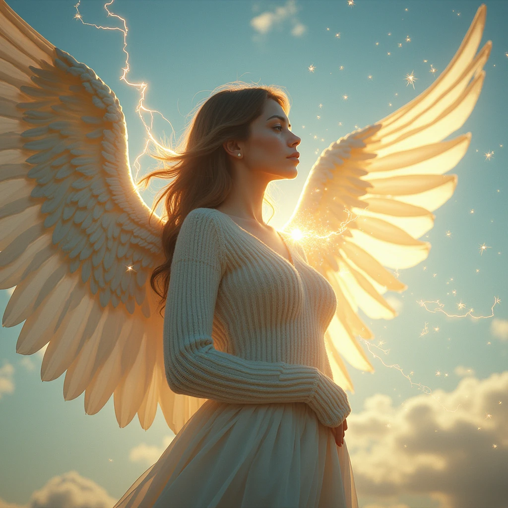  masterpiece striped sweater, (  best quality :1.4),  1girl ,  , Ange, Ange wings, (Daytime sky ),  sparkling aura , Concentration intense,  Crackling energy ,  mysterious symbols ,  sparkling particles,