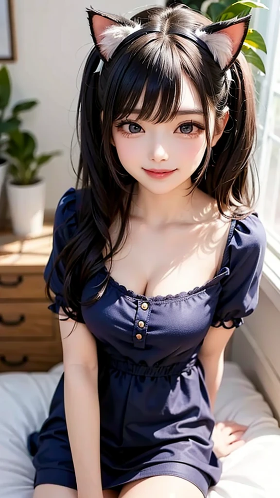 4K Ultra HD, Masterpiece, Very high quality, A girl, 20岁女孩, Good face, Smooth face, Detailed eyes, Beautiful hair, Very long hair, Hair Band, Cute look, Blue party costume, Blue dress, night club, Different lighting, Sit Pose, Full body capture