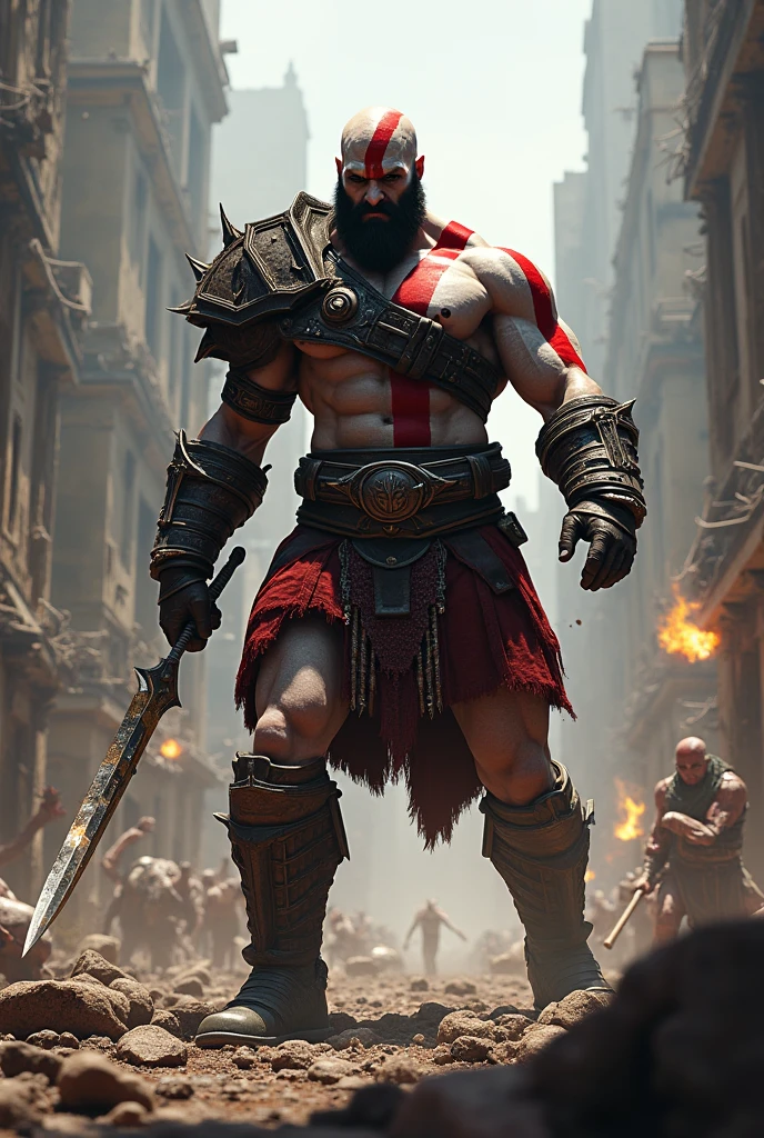 Kratos God of War (((super strong)), no beard, sitting on the throne masterpiece, best quality, ultra-detailed, ground, destroyed city background, shadows, contrast, clear sky, style (look at viewer: 1.2) (skin texture) (film grain: 1.3), ultra-high resolution, octane render, 16k --auto --s2