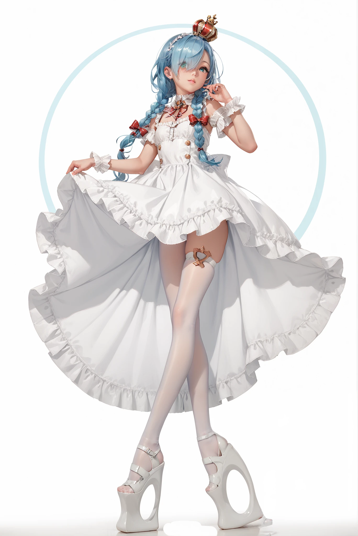 ( stands,whole body:1.7),,janus_\(azur_lane\) , blue hair,mini crown,aqua eyes,twin braids,hair over one eye, frilled dress ,red ribbon,white pantyhose ,thigh strap , eyes visible through hair,
HoleHeels,Hole platform/ oval/ Circle Heels,Heels