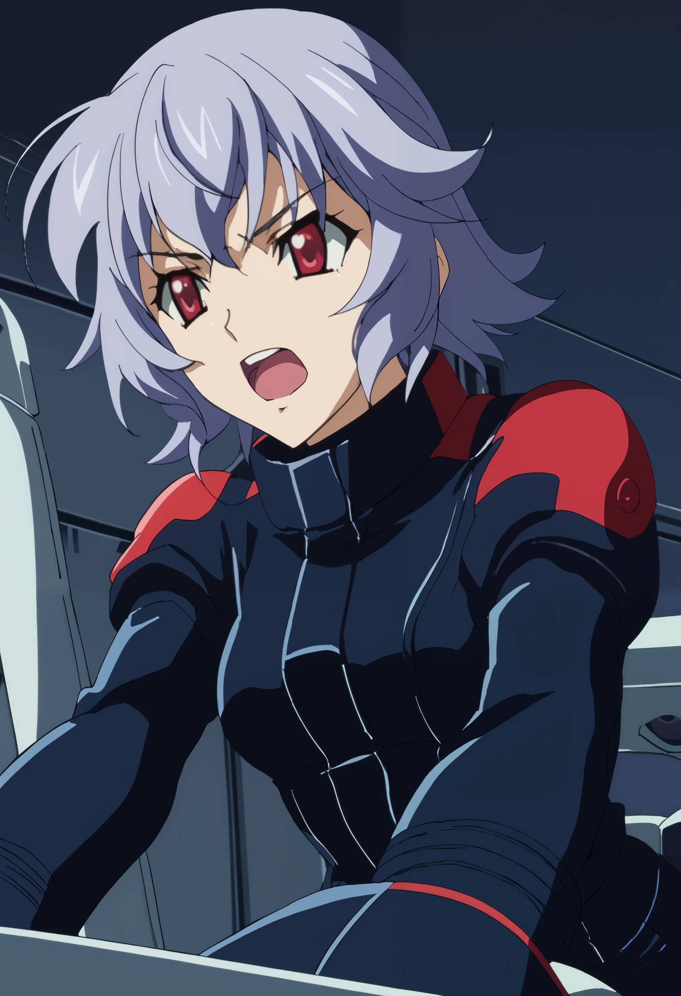 Z Gundam pilot suit, ( black pilot suit for piloting a machine:1.5) 、、 Destroys Top Quality 、 Refined details 、 Source Anime 、 1 girl、 Hairstyle medium long、 purple hair 、 red eyes、The background is cockpit 、 コックピットに座る、泣き顔、目を開けて泣いている、Open your mouth and scream