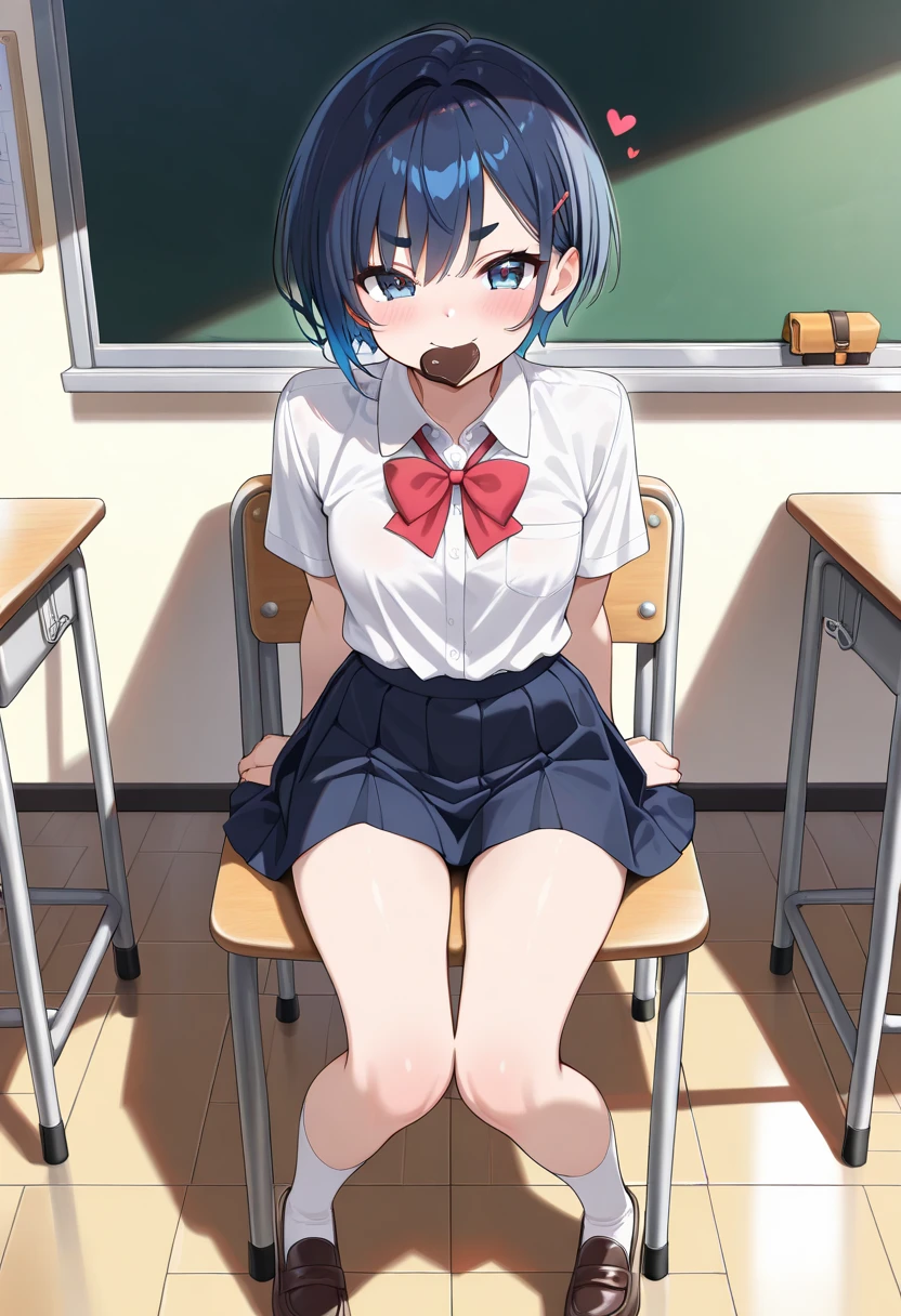 Score_9_up, score_8_up, score_7_up, 1girl, dark skin,(black ponytails ), masturbation, open legs, ahegao, concerned, embarassed face, tears, closed mouth, pouting,   small breast, flat chest, white plain sport bra, skinny body,  futanari,  erection, inside classroom, socks, shoes