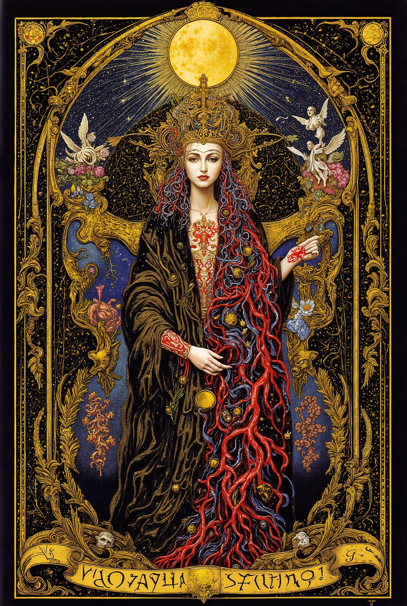 ((beautiful goddess)),((astrology,tarot cards:1.5)),body horror,biomachine,(bloody),moonmoonlight, living being, (vivid color),(colorful),(tangled:1.2),(wearing robe:1.2), H.R Giger style,Gustav Klimt Style,Yoshitaka Amano style,
Granulated,plants,blood vessels,liquid,blue,gold,ritual,Abundance,
16k,detailed image, by gustavklimt,made of blood and gore,biomechanical style