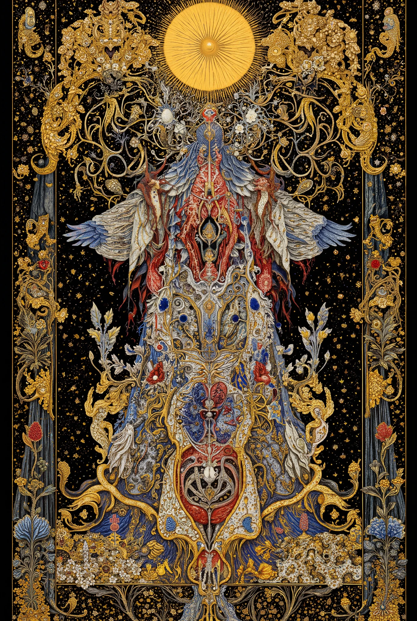 many girls ,((beautiful people)),((dancing:1.5)),body horror,biomachine,(bloody),moonmoonlight, living being, (vivid color),(colorful),(tangled:1.2),(wearing robe:1.2), H.R Giger style,Gustav Klimt Style,Yoshitaka Amano style,
Granulated,plants,blood vessels,liquid,blue,gold,ritual,Abundance,
16k,detailed image, by gustavklimt,made of blood and gore,biomechanical style